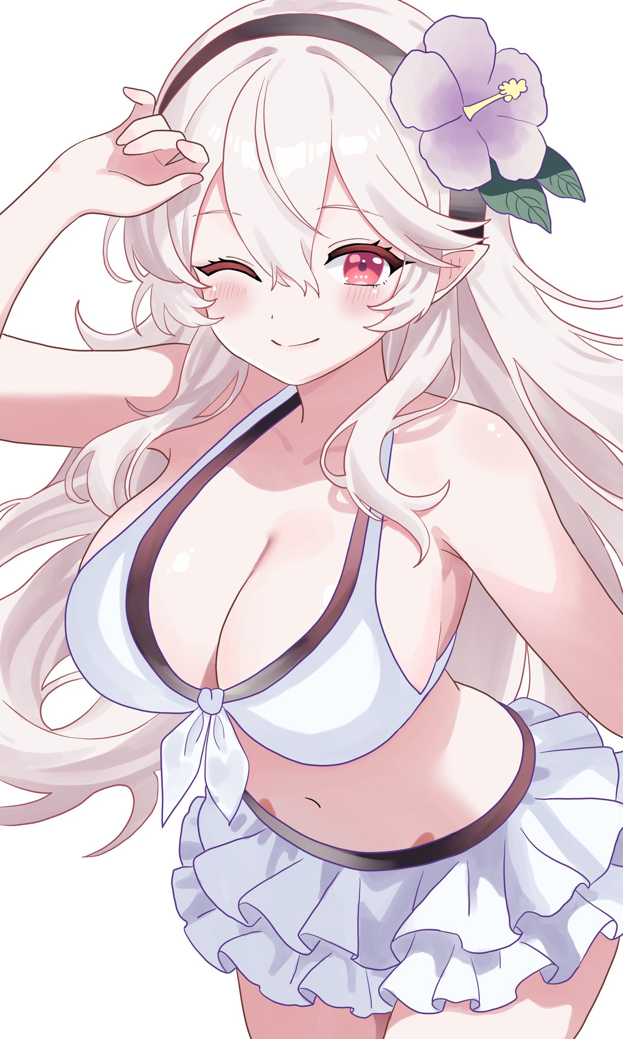 1girls bikini black_hairband blush breasts cleavage corrin_(female)_(fire_emblem) corrin_(female)_(novice_vacationer)_(fire_emblem) corrin_(female)_(summer)_(fire_emblem) corrin_(fire_emblem) corrin_(fire_emblem)_(female) female female_focus female_only fire_emblem fire_emblem_fates fire_emblem_heroes flower frilled_skirt front-tie_bikini grey_hair hair_between_eyes hair_flower hair_ornament hairband large_breasts long_hair looking_at_viewer midriff n_54 official_alternate_costume pointy_ears red_eyes smile solo swimsuit thighs white_bikini white_hair
