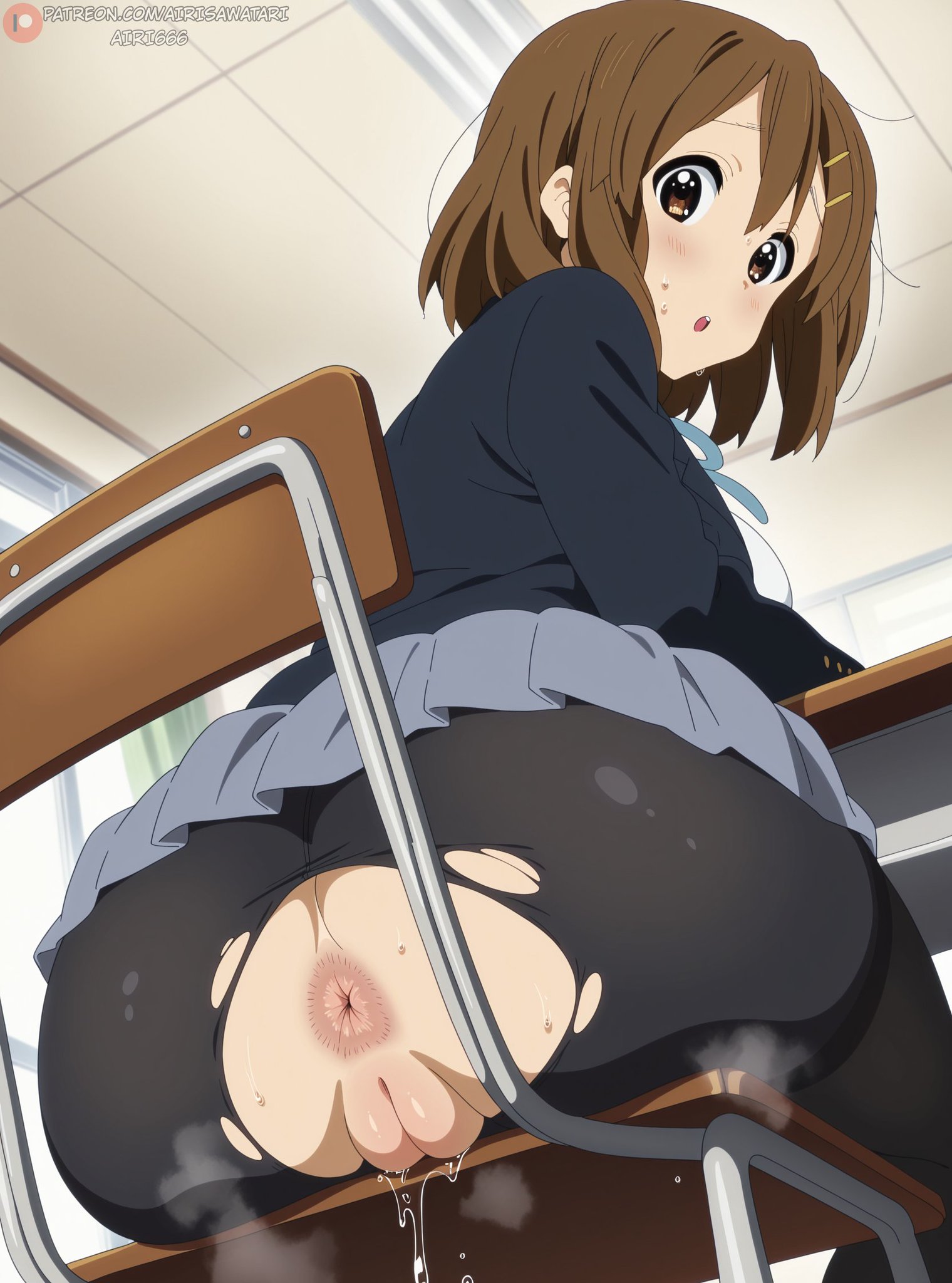 1girls, ai generated, anus, anus peek, ass, ass focus, back view, backboob, bare thighs, big ass, big butt, blush, breasts, brown eyes, brunette hair, fat ass, female, k-on!, light skin, light-skinned female, looking back, low-angle view, no panties, pantyhose, puffy anus, puffy pussy, pussy, ripped clothing, sakuragaoka high school uniform, school background, school uniform, schoolgirl, short hair, sitting, skirt, solo, solo female, squatting, sweat, sweatdrop, thick body, thick female, thick thighs, thighs, tights, torn clothes, torn pantyhose, voluptuous, voluptuous female, yui hirasawa (k-on!)