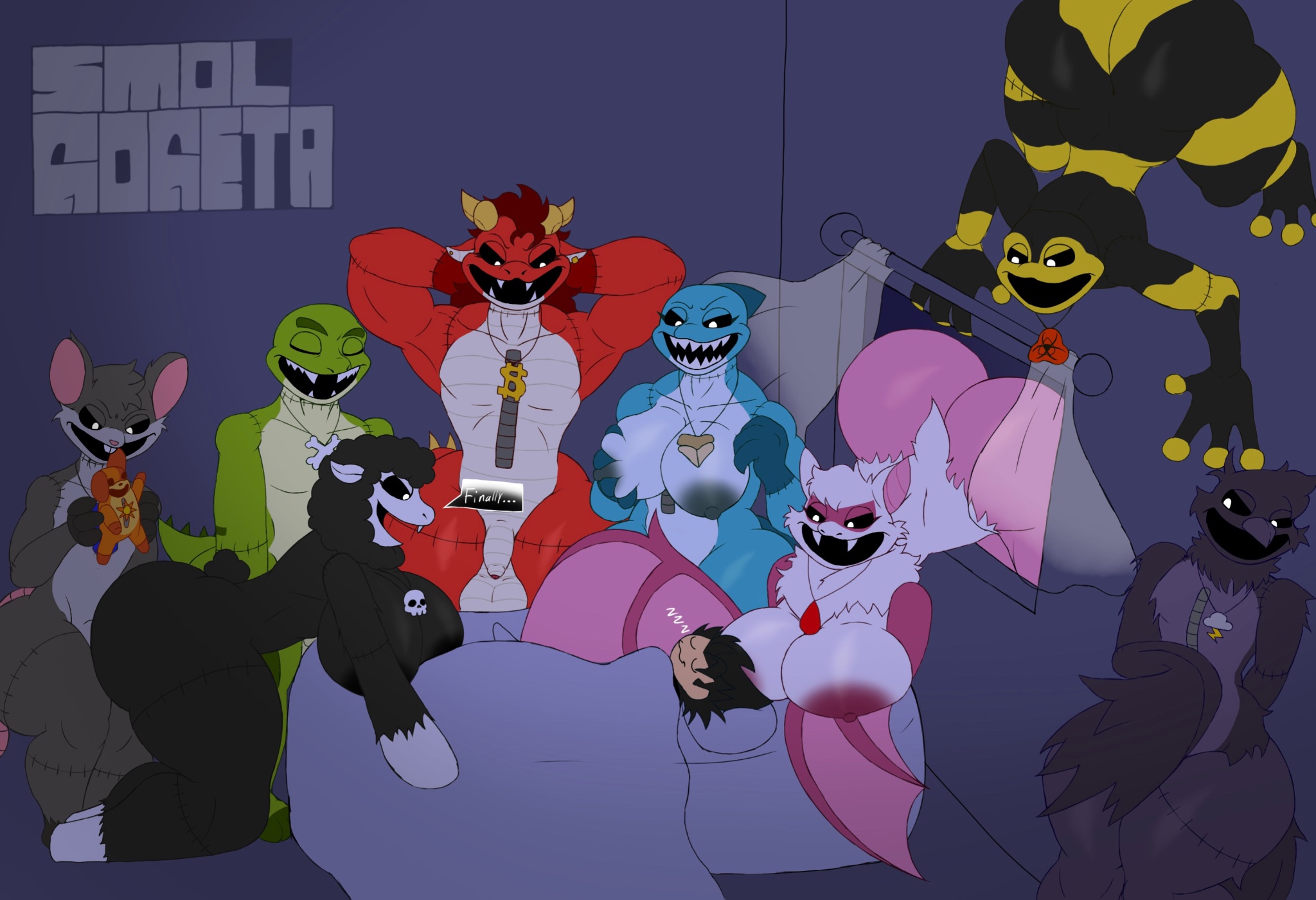 2025, 2025s, 2d, 2d (artwork), 2d artwork, 3girls, 5boys, alligator, allister gator (poppy playtime), amphibian, anthro, anthro female, anthro male, anthrofied, areola, areolae, artist logo, artist name, ass, avian, baba chops, baba chops (poppy playtime), bat, bat ears, bat girl, bat humanoid, bat wings, bed, big ass, big breasts, big butt, bird, black body, black eyes, black fur, black hair, black sclera, black sheep, black tail, black wool, blood drop necklace, blood drop pendant, blood necklace, blood pendant, bovid, bovine, breasts, caprine, chiropteran, chiropteran humanoid, critters (poppy playtime), crossbones necklace, crossbones pendant, digital art, digital drawing, digital drawing (artwork), digital media, digital media (artwork), digital painting, digital painting (artwork), dogday (poppy playtime), dollar necklace, dollar pendant, dollar sign, dragon, dragon boy, dragon horns, dragon humanoid, dragon wings, fang, fangs, female, female anthro, female focus, hair, hooves, icky licky (poppy playtime), jewelry, maggie mako (poppy playtime), male, male anthro, male focus, mammal, membrane (anatomy), membranous wings, mob entertainment, mob games, murid, murine, mythological creature, mythological scalie, mythology, necklace, nightmare critters, nipples, open mouth, pendant, plushie, poe (poppy playtime), poison dart frog, poppy playtime, poppy playtime (chapter 4), pupils, rabie baby (poppy playtime), rat, raven, raven (bird), red body, red skin, reptile, rodent, scalie, shark tooth necklace, shark tooth pendant, sharp teeth, sheep, sheep ears, sheep girl, sheep humanoid, sheeps, simon smoke (poppy playtime), sleeping, sm0ls c0ck, smiling critters, smol gogeta, tail, teeth, thundercloud necklace, thundercloud pendant, tough girl, touille (poppy playtime chapter 4), touille (poppy playtime), vampire bat, video games, white body, white eyes, white face, white fur, white pupils, white skin, wings