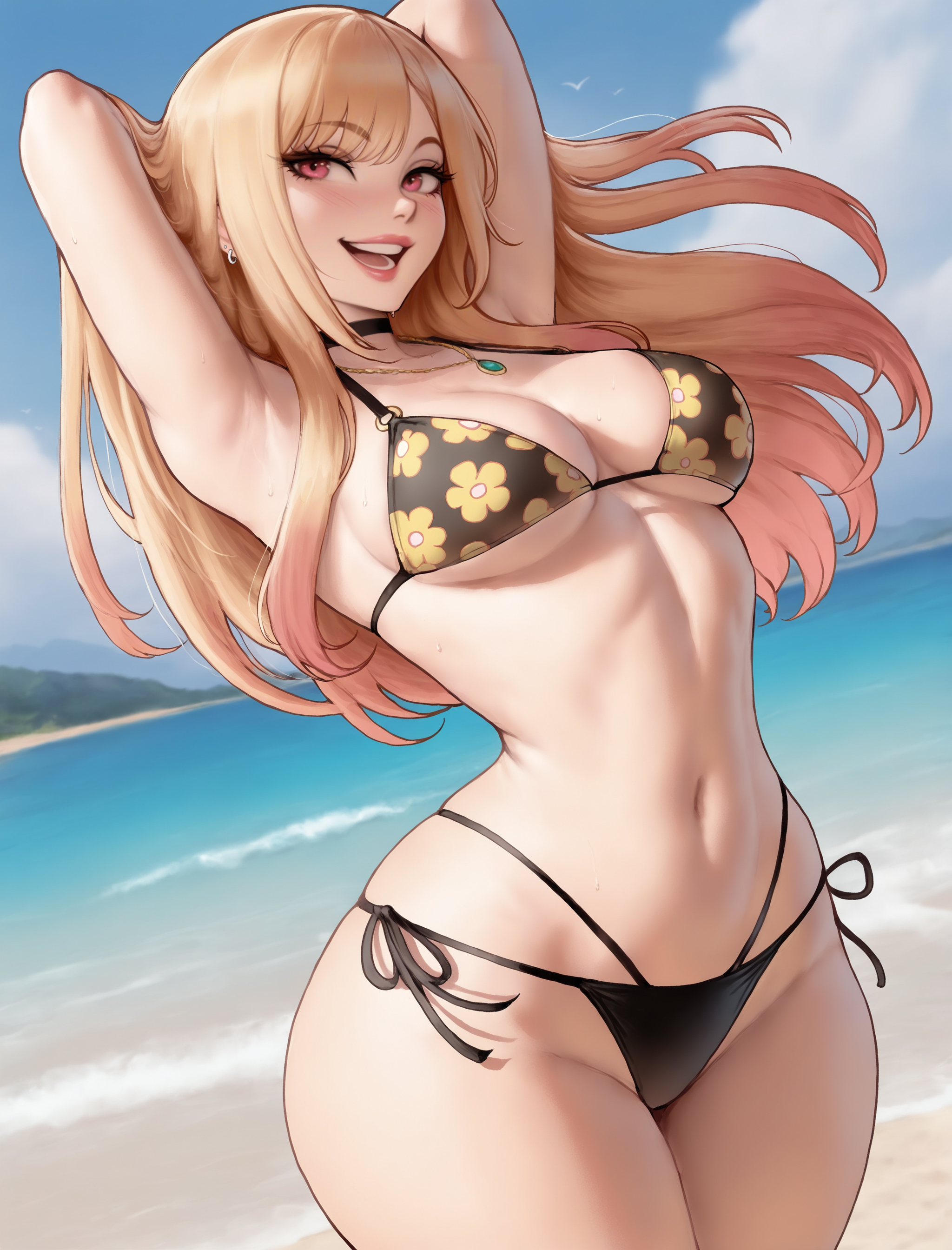 ai generated, beach, bikini, blonde hair, female, floox, hourglass figure, kitagawa marin, my dress up darling, red eyes, sono bisque doll wa koi wo suru, swimsuit