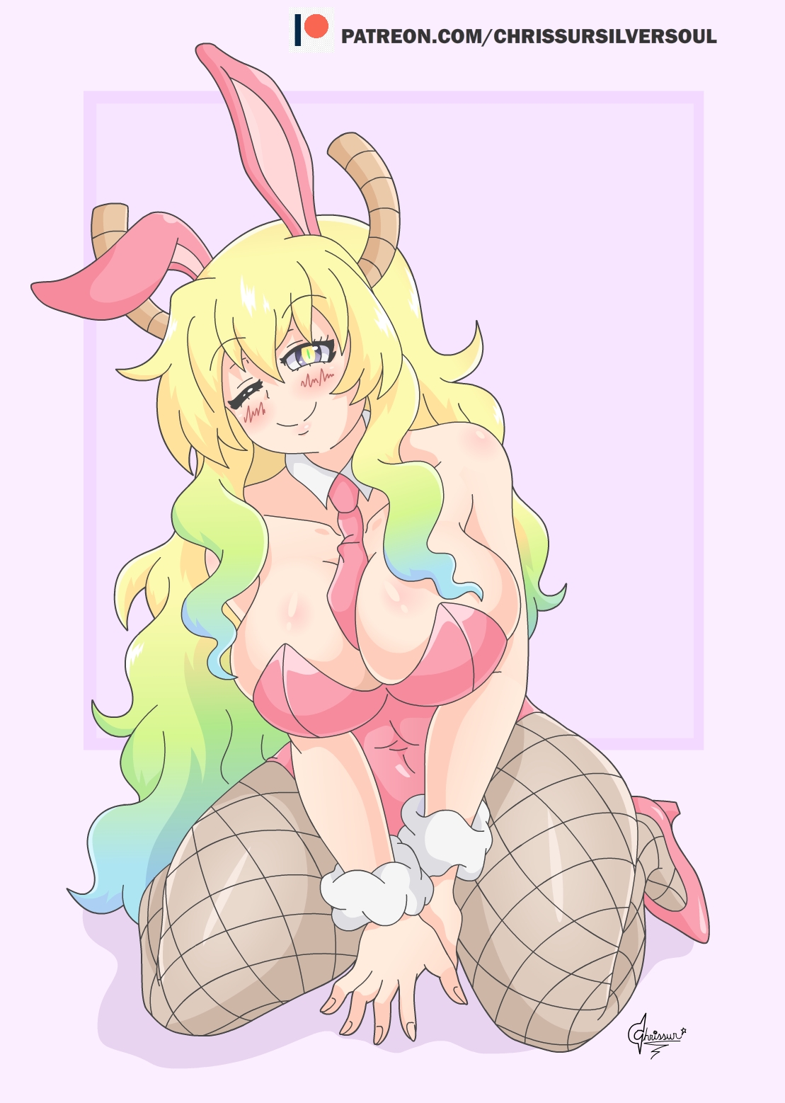 1girls, big breasts, black thighhighs, blonde hair, blush, breasts, breasts bigger than head, bunny ears, bunny girl, bunnysuit, chrissursilversoul, cleavage, closed eyes, clothing, female, female only, hair, hips, horns, huge breasts, legwear, long hair, mature, mature female, miss kobayashi's dragon maid, on knees, quetzalcoatl (dragon maid), seductive, seductive eyes, seductive look, seductive pose, seductive smile, smile, solo, solo female, thick thighs, thighs, two-tone hair, wide hips