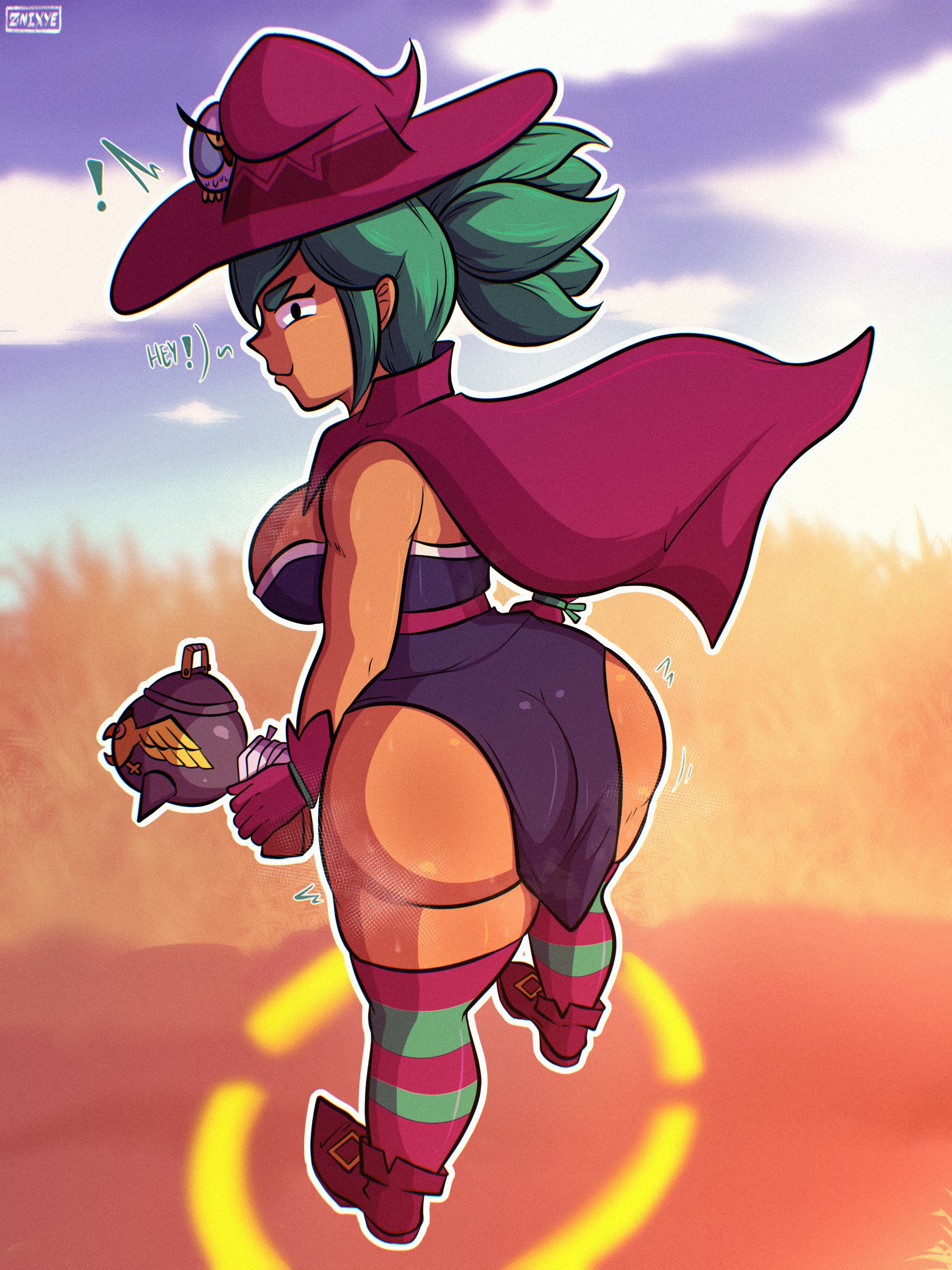 1girls, ass, barely contained, boots, brawl stars, breasts, cape, female, gloves, green hair, hoot hoot shelly, kneehighs, large breasts, shelly (brawl stars), tagme, thick ass, thick thighs, witch hat, znixye