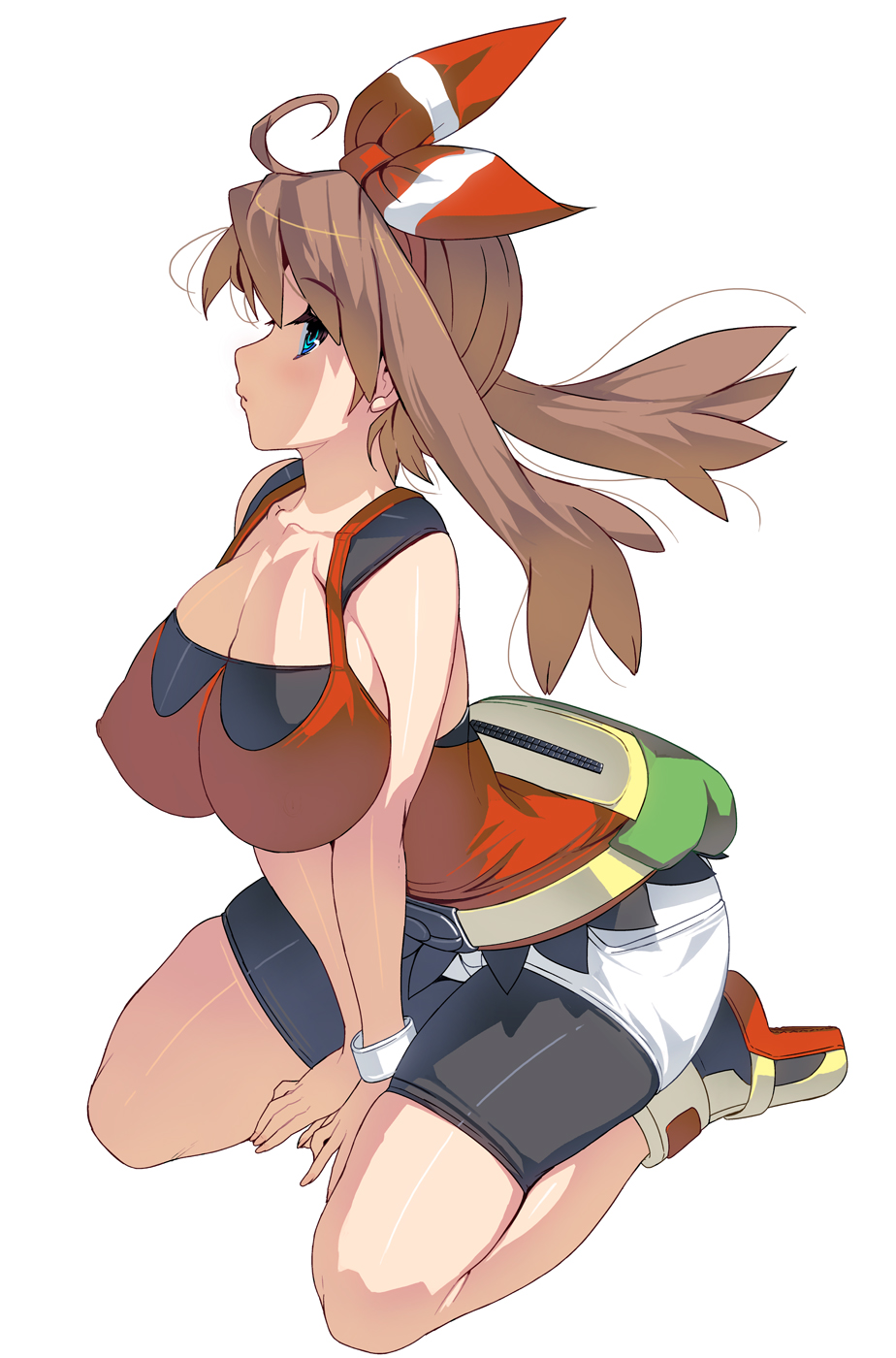 1girls ahoge alternate_breast_size ass bag bandana belt big_ass big_breasts bike_shorts blue_eyes bracelet brown_hair cleavage clothed erect_nipples eyelashes female female_only highres huge_breasts human human_only kneeling large_breasts long_hair looking_at_viewer masao may_(pokemon) may_(pokemon_oras) nintendo nipples pokemon pokemon_oras shirt shoes shorts side_view tank_top white_background wide_hips zipper