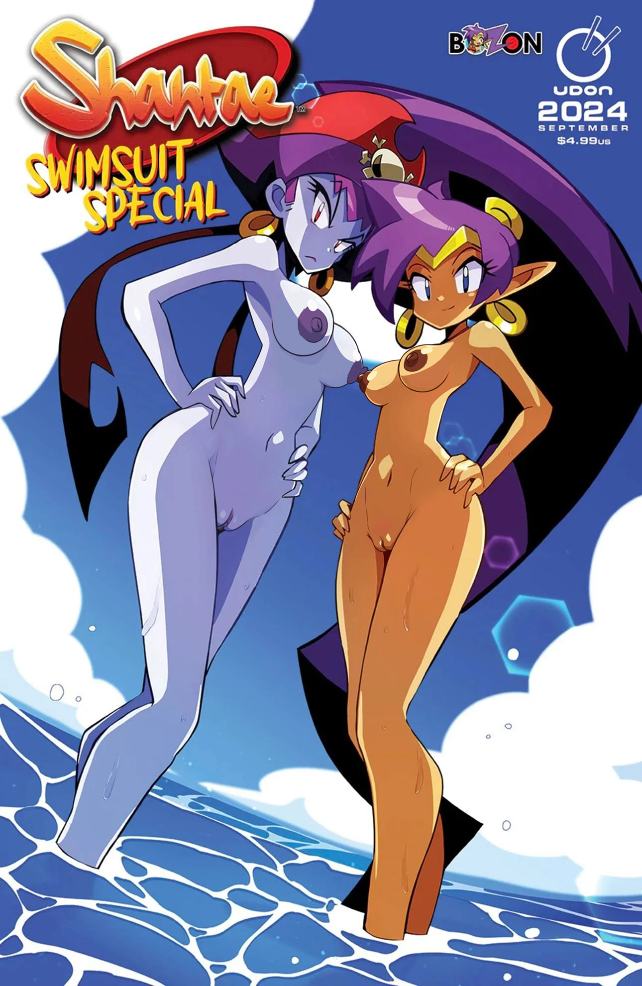2girls, accurate art style, bikini, blue eyes, breasts, camera, cleavage, comic cover, dark skin, dark-skinned female, earrings, edit, english text, female, female only, genie, hi res, light skin, light-skinned female, long hair, looking at viewer, multiple females, multiple girls, nami sakurajyousui, nude, nude filter, ocean, official art, pale skin, pale-skinned female, pirate, pirate hat, pointy ears, ponytail, purple hair, pussy, red eyes, risky boots, shantae, shantae (character), skinny, smile, standing in water, swimsuit, tanned female, text, underboob, very long hair, water