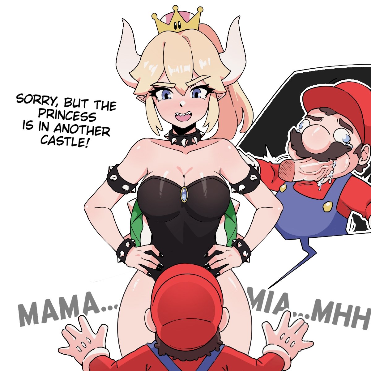 1boy big_breasts big_penis big_thighs big_titties black_text blonde blonde_female blonde_hair blonde_hair_female blue_eyes bowsette breasts brown_hair cap crown eyelashes futa_on_male futanari hat horns long_hair moustache mustache overalls penis penis_in_mouth pigwazowzky red_cap red_hat sharp_teeth spiked_bracelet spiked_collar spikes super_crown super_mario_bros. text vein veins veins_on_dick yellow_hair_tips