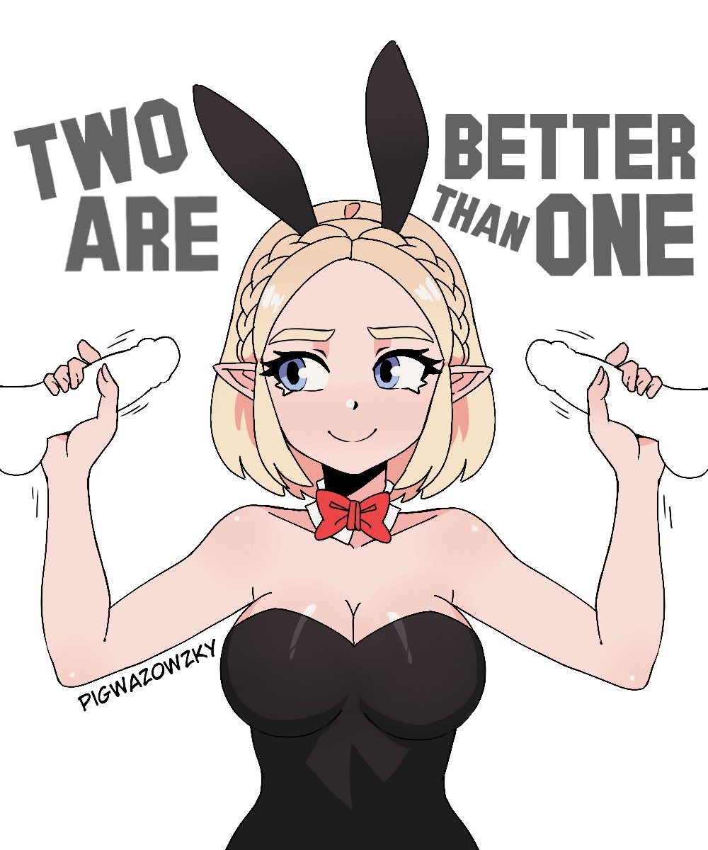 big_breasts big_thighs big_titties bunny_ears bunny_girl bunny_girl_suit bunnysuit clothing curvaceous curvaceous_female curvaceous_figure curvy curvy_figure curvy_hips elf_ears elf_female elf_girl female female_focus female_only looking_at_viewer multiple_penises pigwazowzky princess_zelda short_hair text the_legend_of_zelda yellow_hair