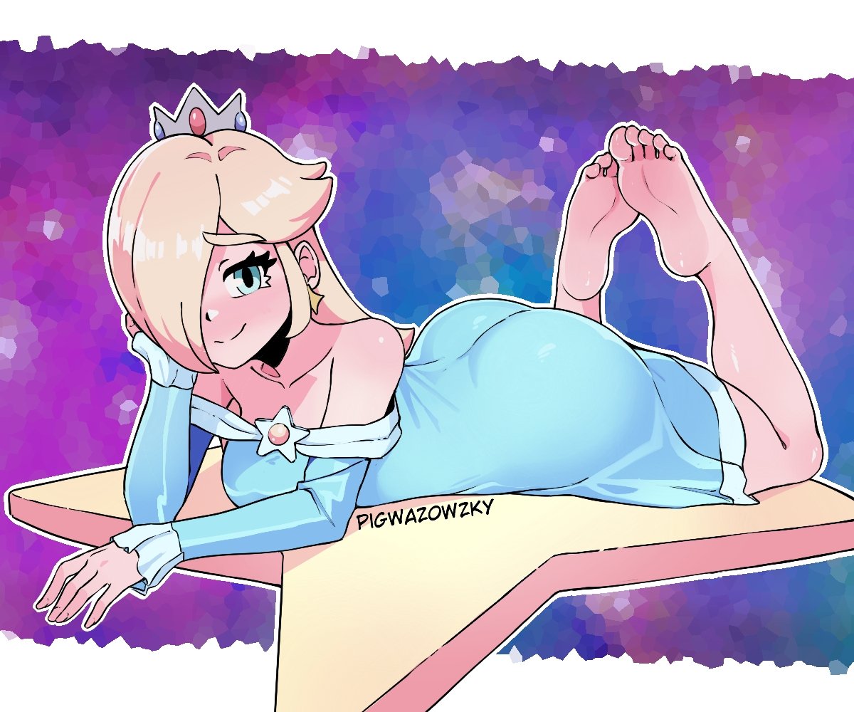 ass, barefoot, big ass, big butt, clothing, curvaceous, curvaceous female, curvaceous figure, curvy, curvy figure, curvy hips, feet, feet fetish, female, female focus, female only, foot fetish, long hair, looking at viewer, mario (series), pigwazowzky, princess rosalina, super mario bros., yellow hair