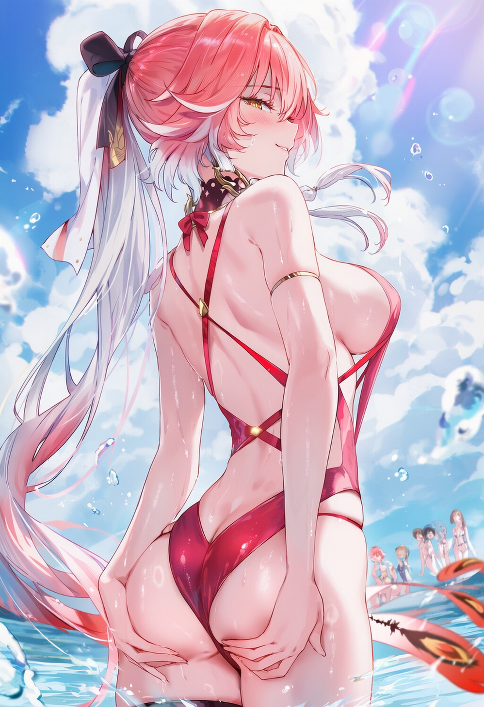 ai generated, ass, ass focus, back view, big breasts, breasts, changli (wuthering waves), cloudy sky, curvy female, curvy figure, female, female only, hands on ass, one piece swimsuit, raaicave, sky background, solo, wuthering waves