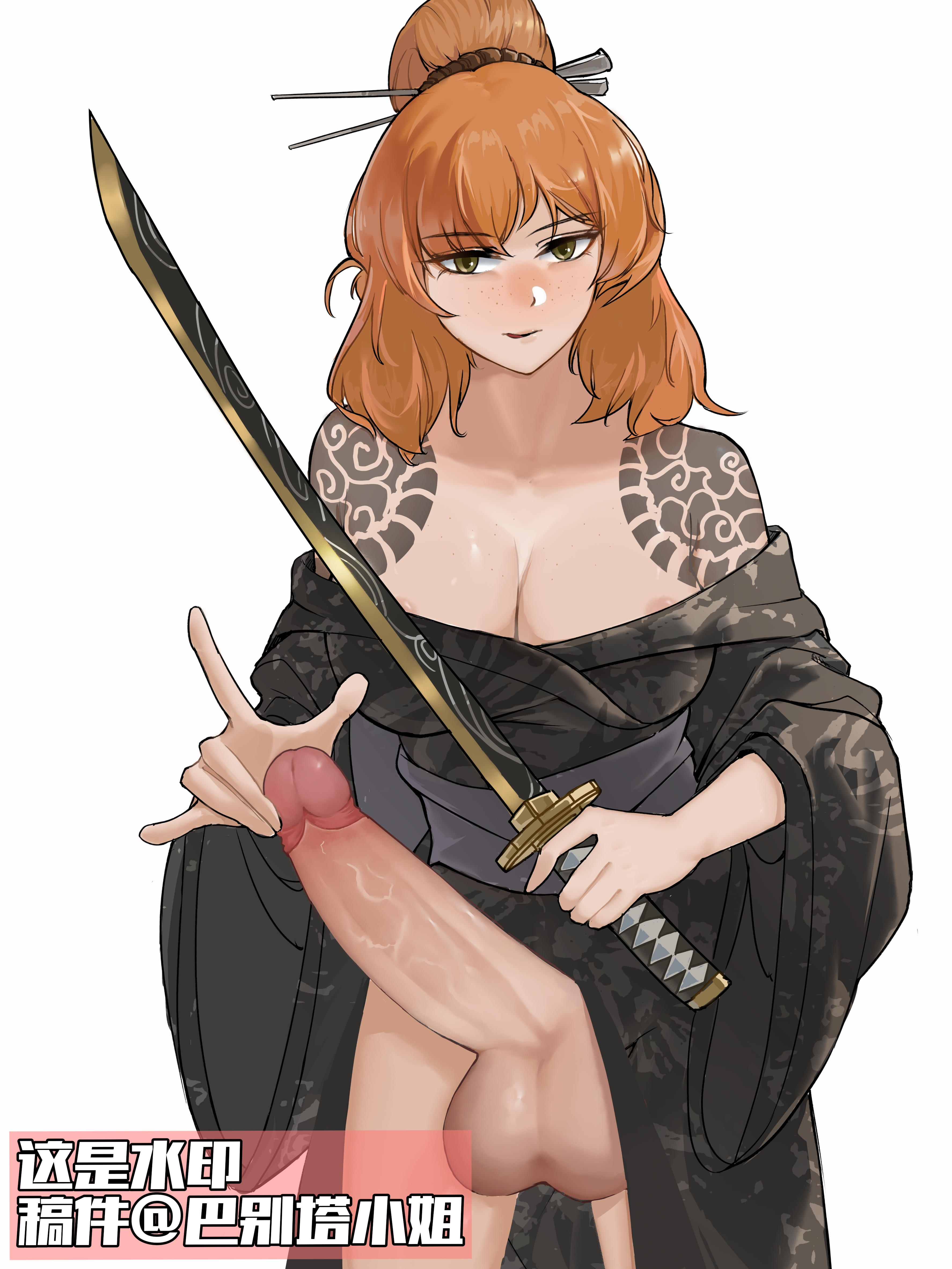areolae, artist request, balls, big balls, big penis, black kimono, bottomless, breasts, freckles, freckles on breasts, freckles on face, futanari, ginger, intersex, irezumi, ishmael (limbus company), katana, kimono, kurokumo clan, kurokumo clan (identity) (project moon), limbus company, looking at viewer, penis, project moon, red hair, shoulder tattoo, tatoos, weapon, yakuza tattoo