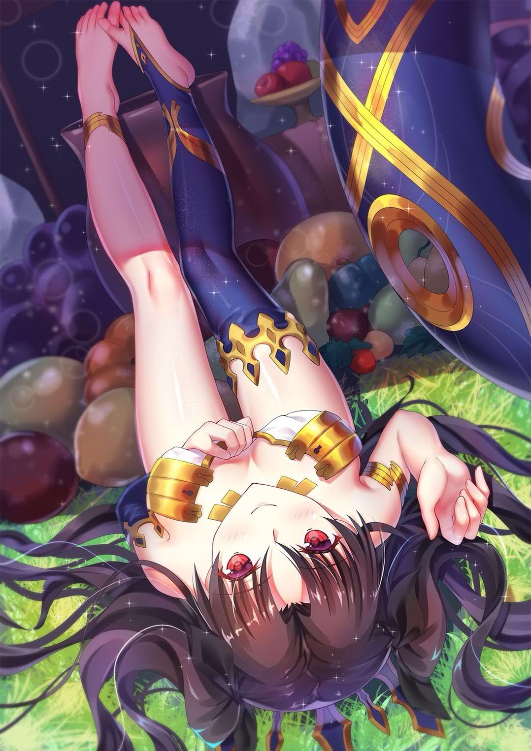aata1007 (artist), fate (series), fate/grand order, female, female only, ishtar (fate), looking at viewer, lying, shiny, shiny skin, smile, upside-down