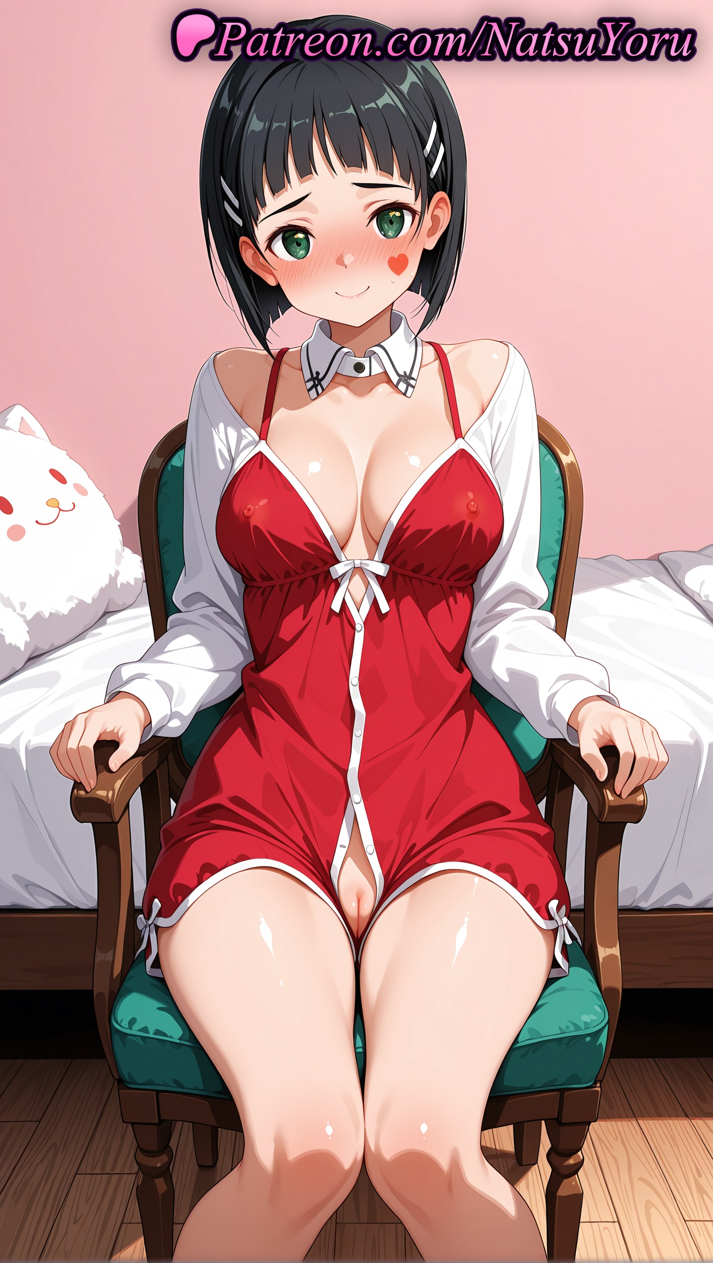 1girls, 2025, ai assisted, ai generated, anime, anime style, bed, bedroom, black hair, blush, breasts, breasts apart, chair, clothing, covered nipples, detached collar, female, female only, green eyes, hair ornament, hairclip, heart, hi res, high quality, high resolution, highres, indoors, kirigaya suguha, large breasts, long sleeves, looking at viewer, natsuyoru, on chair, pajamas, patreon, pussy, shiny, short hair, sitting, smile, solo, stable diffusion, stuffed animal, stuffed toy, sword art online, vagina, voluptuous, voluptuous female