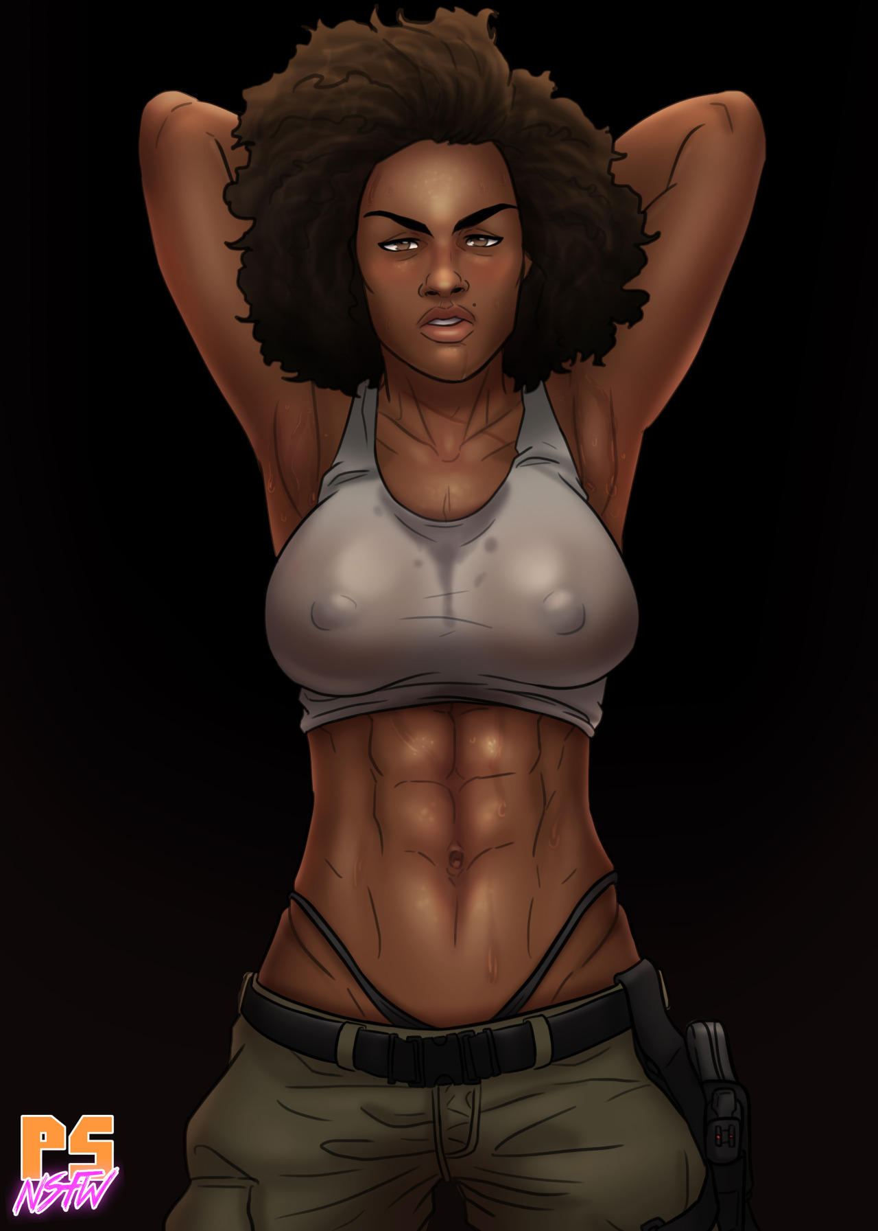 1girls, 2016, abs, areola, armpits, arms behind back, arms up, belt, big breasts, black background, black panties, breasts, brown eyes, brown hair, dark skin, dark-skinned female, eyebrows, female, female only, hair, hips, human, lips, long hair, looking at viewer, muscular, muscular female, nadine ross, navel, nose, panties, pants, pumpkinsinclair, see-through, solo, stomach, sweat, tank top, uncharted