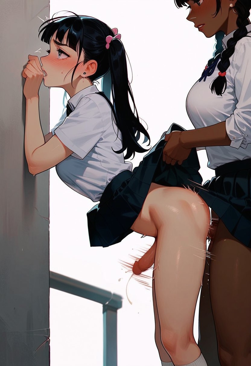 2futas, ai generated, anal, anal sex, breasts, charv, dark skin, female, from behind, futa on futa, futa only, futadom, futanari, interracial, intersex, light skin, lily (charv), medium breasts, school uniform, schoolgirl, standing, twintails
