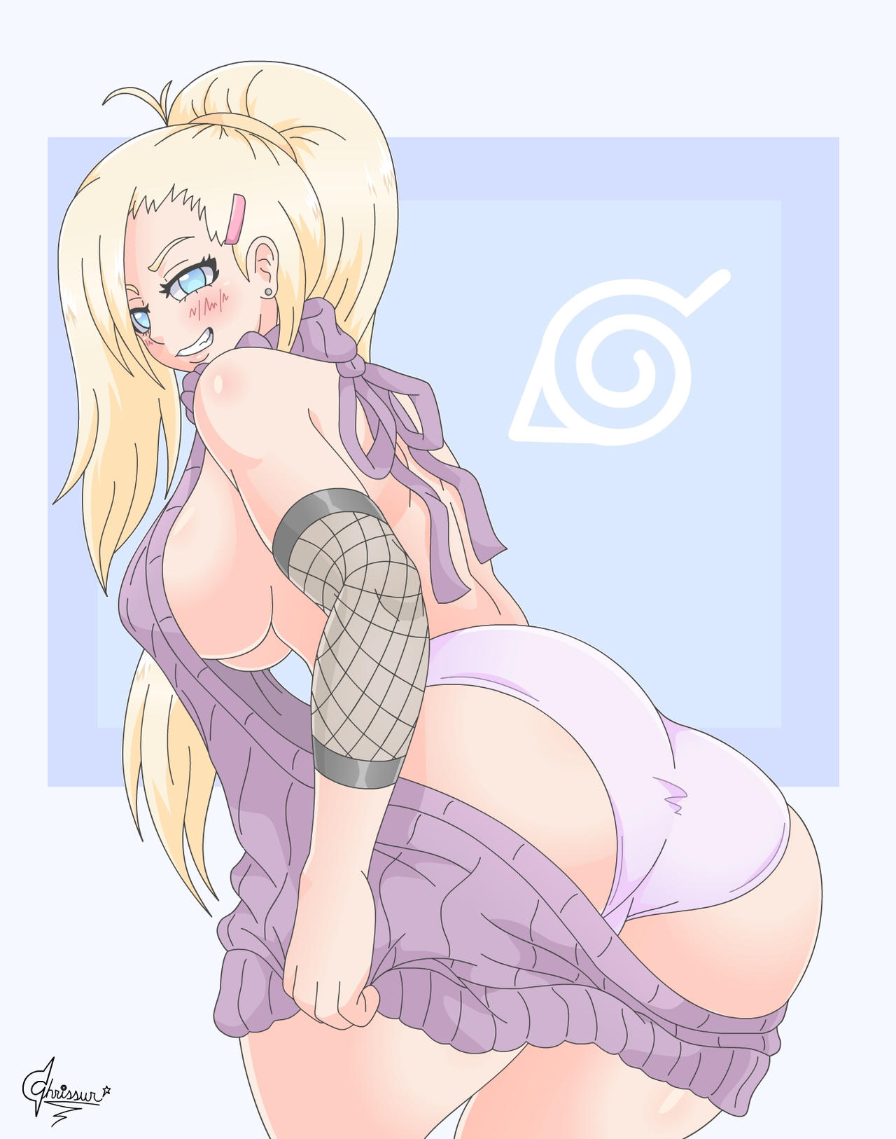 ass, ass focus, big ass, blonde hair, blue eyes, breasts, bubble ass, bubble butt, chrissursilversoul, ear piercing, fat ass, female, hanging breasts, ino yamanaka, naruto, naruto (series), naruto shippuden, no bra, panties, seductive, seductive look, seductive smile, sideboob, simple background, smile, thick ass