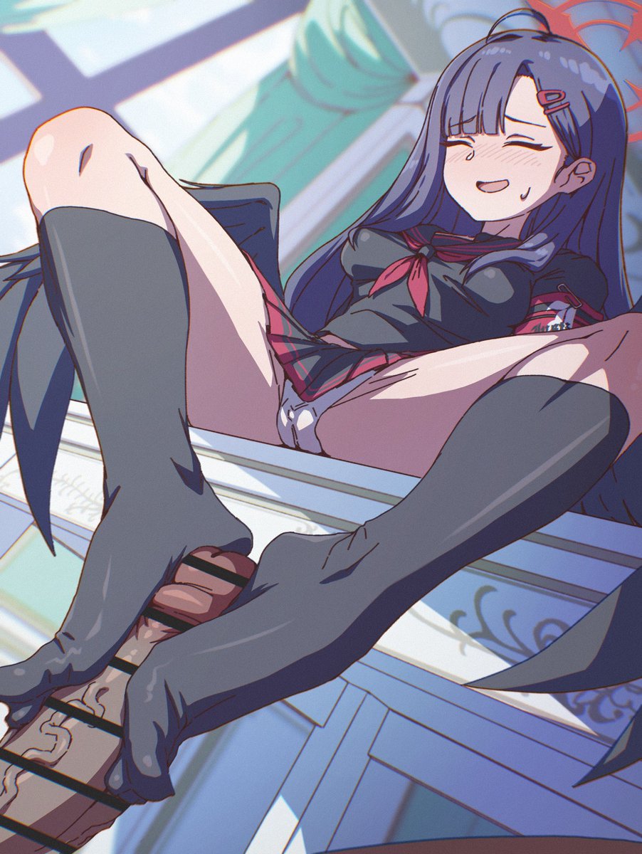1boy, 1girls, black hair, black socks, black wings, blue archive, blush, censor bar, censored, censored penis, cleft of venus, closed eyes, dark skin, dark-skinned male, feet on penis, female, foot fetish, footjob, footjob with legwear, funen gomi, high resolution, ichika (blue archive), justice task force (blue archive), light skin, light-skinned female, male, penis, red hairclip, red halo, sitting on table, toes, white panties