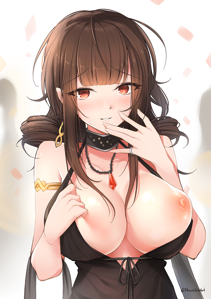 ahoge alternate_costume areolae armlet bangs bare_shoulders black_dress blunt_bangs blush breasts brown_hair casual choker cleavage commentary_request copyright_name dress dress_tug dsr-50_(girls'_frontline) eyebrows_visible_through_hair eyes_visible_through_hair female frown girls'_frontline hair_ornament hair_over_shoulder hand_to_own_face jewelry large_breasts long_hair looking_at_viewer macchiato_(jae-min_cho) necklace nipples no_bra one_breast_out parted_lips pendant red_eyes ring ruby_(stone) sidelocks sleeveless sleeveless_dress smile solo sweat sweatdrop twitter_username wedding_band