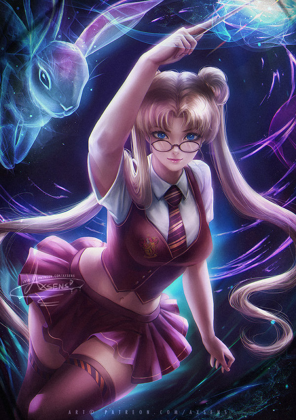 axsens bishoujo_senshi_sailor_moon blonde_hair blue_eyes clothing cosplay crossover female glasses harry_potter hogwarts_school_uniform long_hair looking_at_viewer magic_wand panties patronus school_uniform schoolgirl short_skirt skirt standing stockings tie twintails uniform usagi_tsukino wand