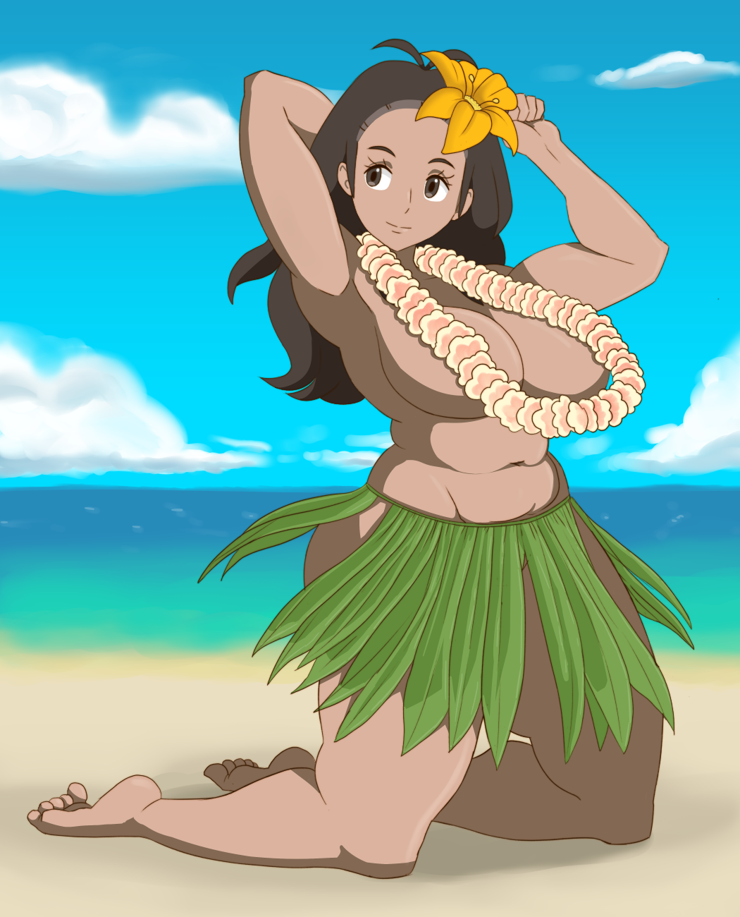 beach, belly, belly button, big breasts, black eyebrows, black eyes, black hair, blue sky, breasts, cleavage, clouds, dark skin, dark-skinned male, female, flower in hair, flower necklace, functionally nude, functionally nude female, glistening, glistening body, grass skirt, gummidx, huge breasts, large breasts, long hair, male, mother (pokemon sm), nipples covered, ocean, pokemon, pokemon sm, raven hair, sand, shaded, thick thighs
