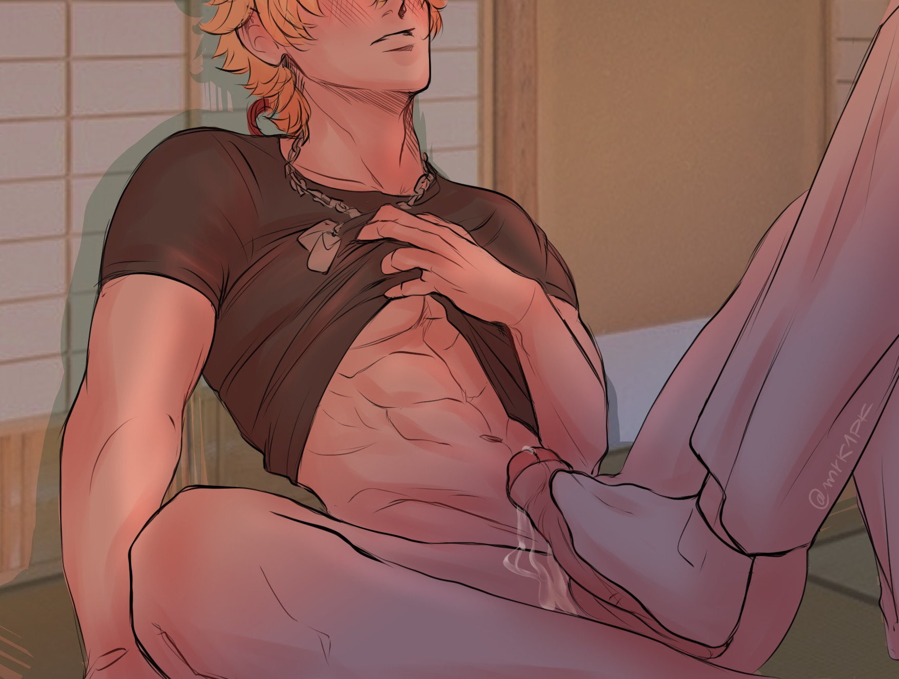 abs, blush, clothed, face out of frame, footjob, footjob with legwear, genshin impact, male, male focus, mrk1pk, stepped on, submissive male, thoma (genshin impact)