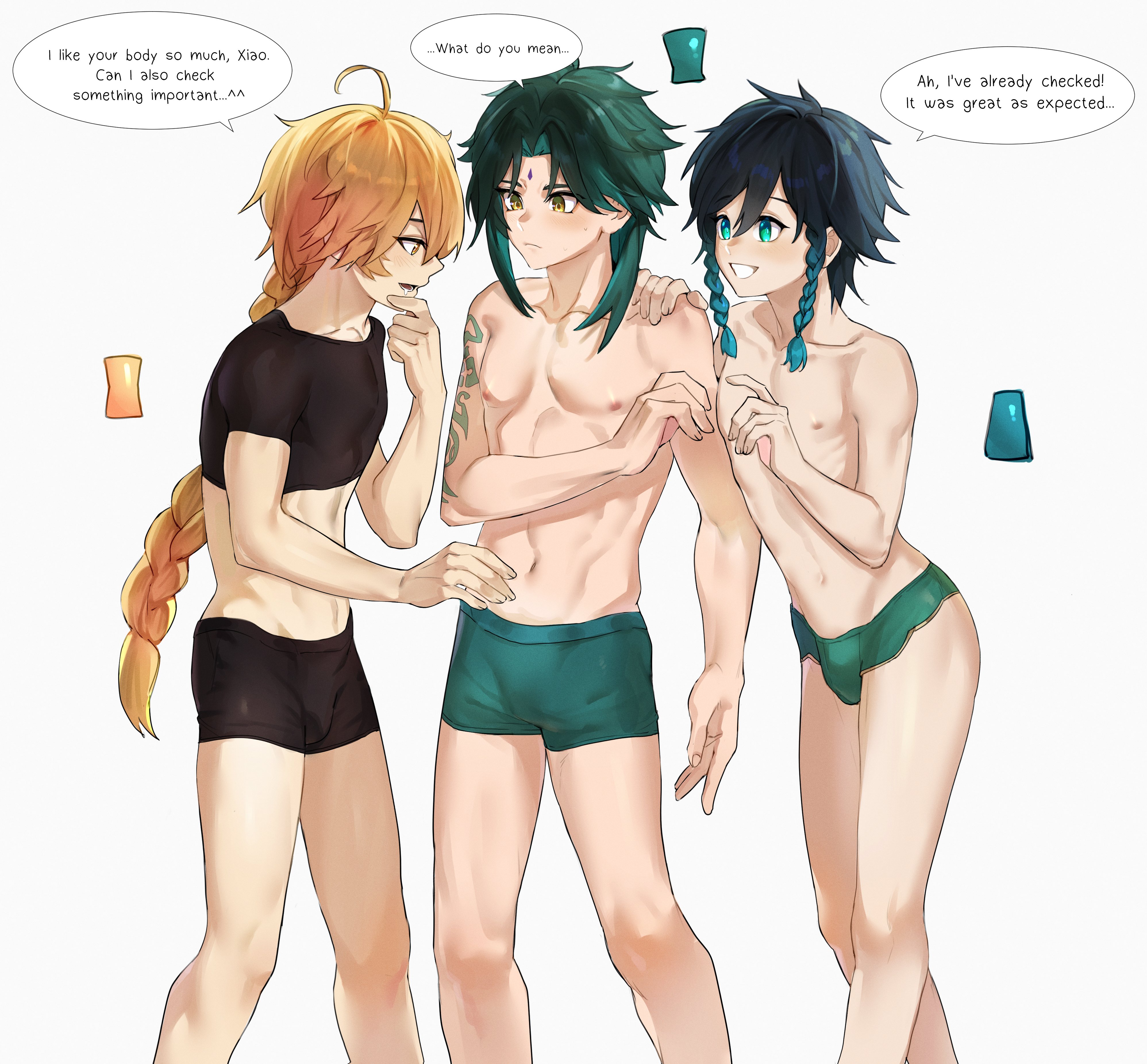 aether (genshin impact), bana gameg, blue hair, body type, boy, braid, braided ponytail, crop top, gay, genshin impact, green hair, male, male only, midriff, navel, nervous, nipples, ribs, shy, skinny, tattoo, teasing, text, twink, underwear, venti (genshin impact), xiao (genshin impact), yellow hair