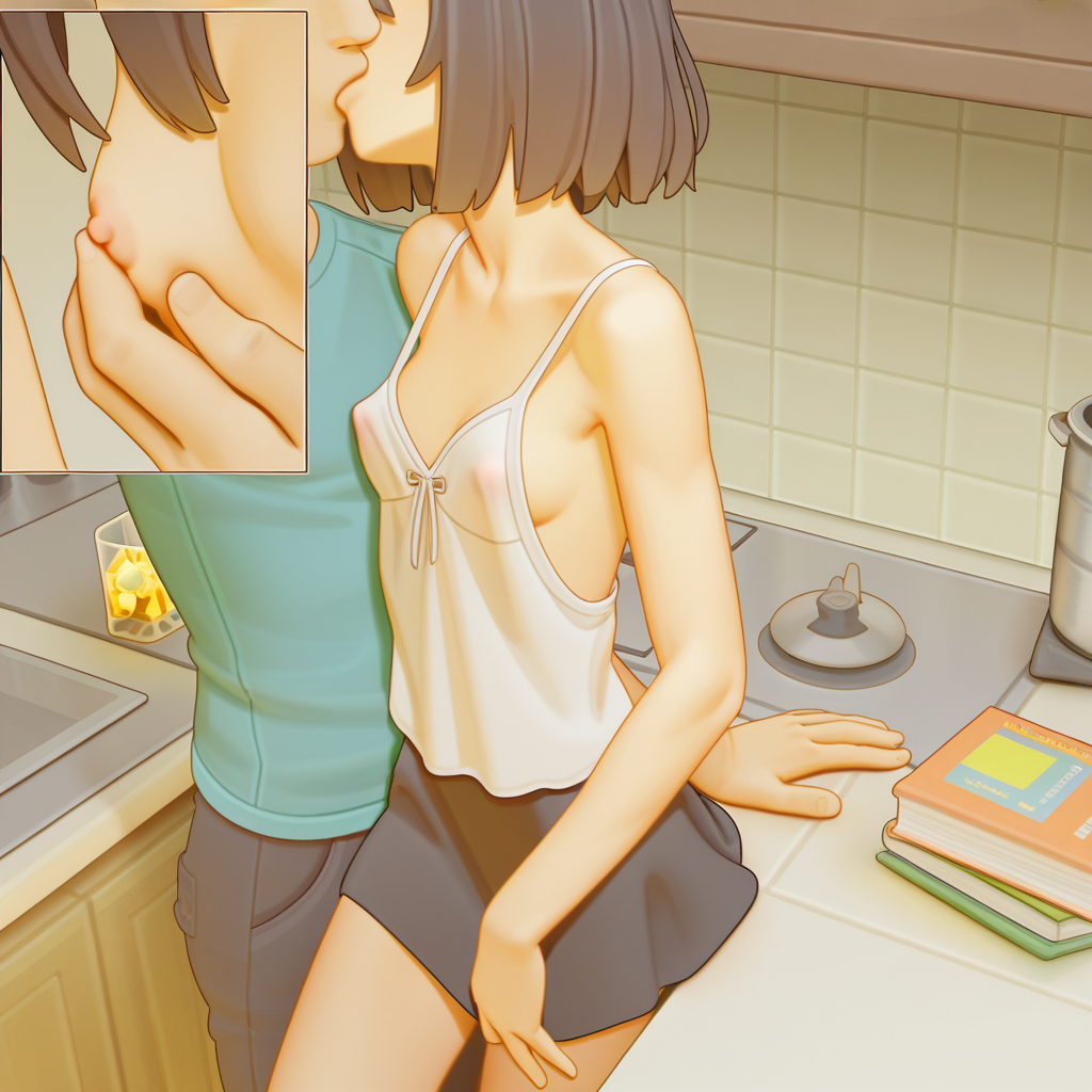 ai generated, breasts, cute, female, imminent sex, kissing, kitchen, mezrus, skirt, tagme, touching breast, touching nipples, transparent clothing