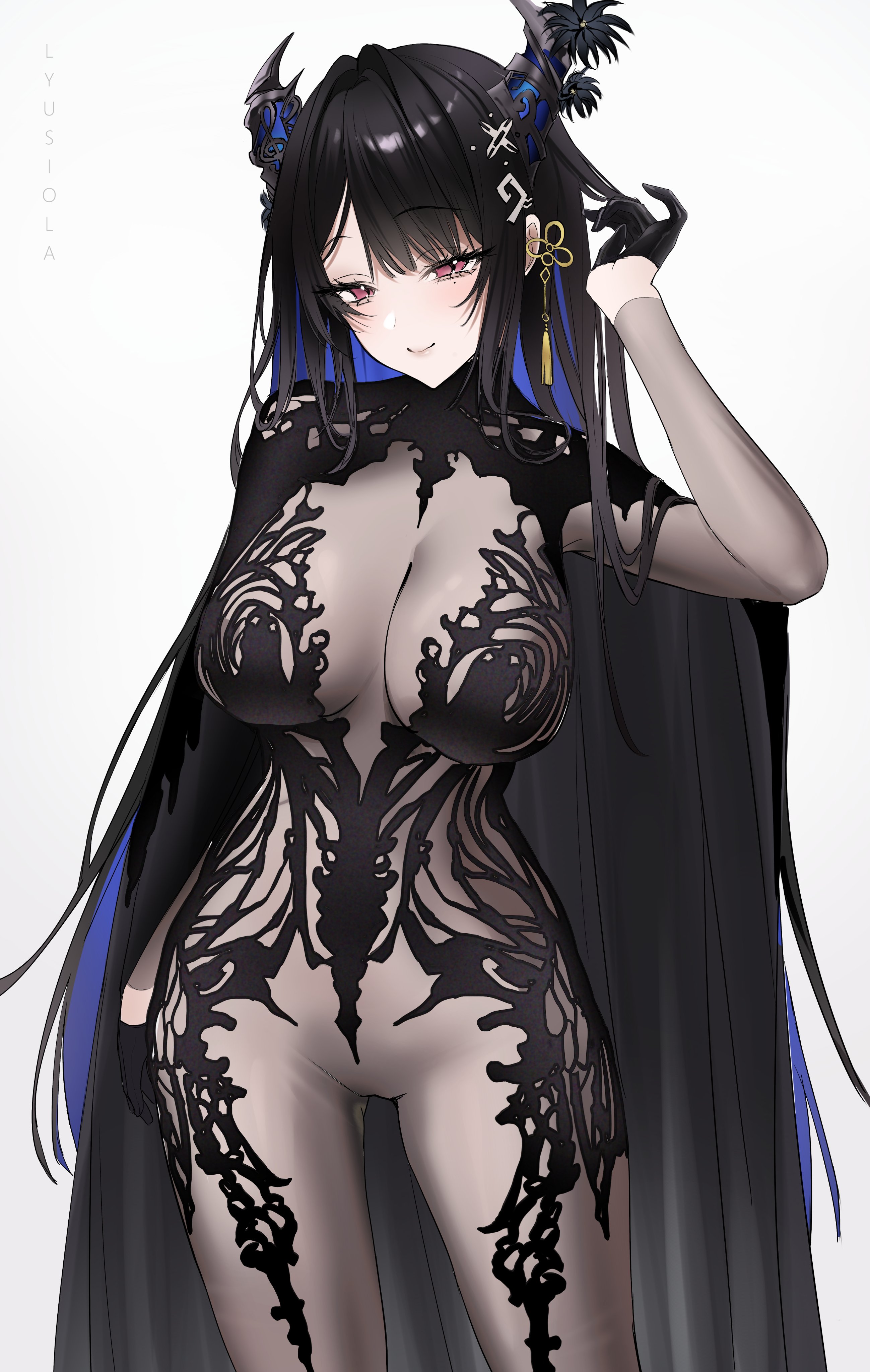 1girls, black gloves, black hair, breasts, cape, chronopattern dress, clothed, clothing, dress, female, female only, gloves, hololive, hololive english, hololive english -advent-, horns, huge breasts, light skin, light-skinned female, lyusiola, meme attire, nerissa ravencroft, pink eyes, simple background, solo, virtual youtuber, white background