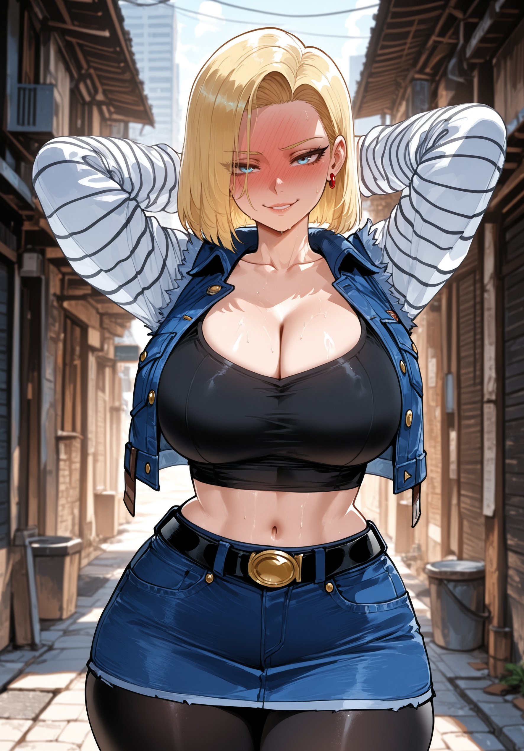 1girls, ai generated, alley, alleyway, alternate breast size, android 18, arms behind head, arms up, bangs, belt, belt buckle, big breasts, biting own lip, black belt, black pantyhose, black shirt, blonde hair, blue eyes, blue skirt, blush, breasts, buckle, building, cleavage, clothing, collarbone, cowboy shot, crop top, cropped jacket, curvaceous, curvaceous female, curvaceous figure, curvy, curvy figure, day, denim, denim jacket, denim skirt, dragon ball, dragon ball z, earrings, female, female focus, female only, grin, huge breasts, inviting, inviting to sex, jacket, jewelry, large breasts, long sleeves, looking at viewer, mature female, midriff, milf, miniskirt, miyuai, narrow waist, navel, open clothes, outdoor nudity, outdoors, outside, pantyhose, parted lips, pencil skirt, presenting, presenting ass, presenting breasts, presenting hindquarters, presenting self, seductive, seductive look, seductive smile, shirt, short hair, skirt, sleeveless jacket, smile, solo, standing, stomach, striped clothes, striped sleeves, sweat, thick thighs, thighs, town, vest, voluptuous, voluptuous female, wide hips