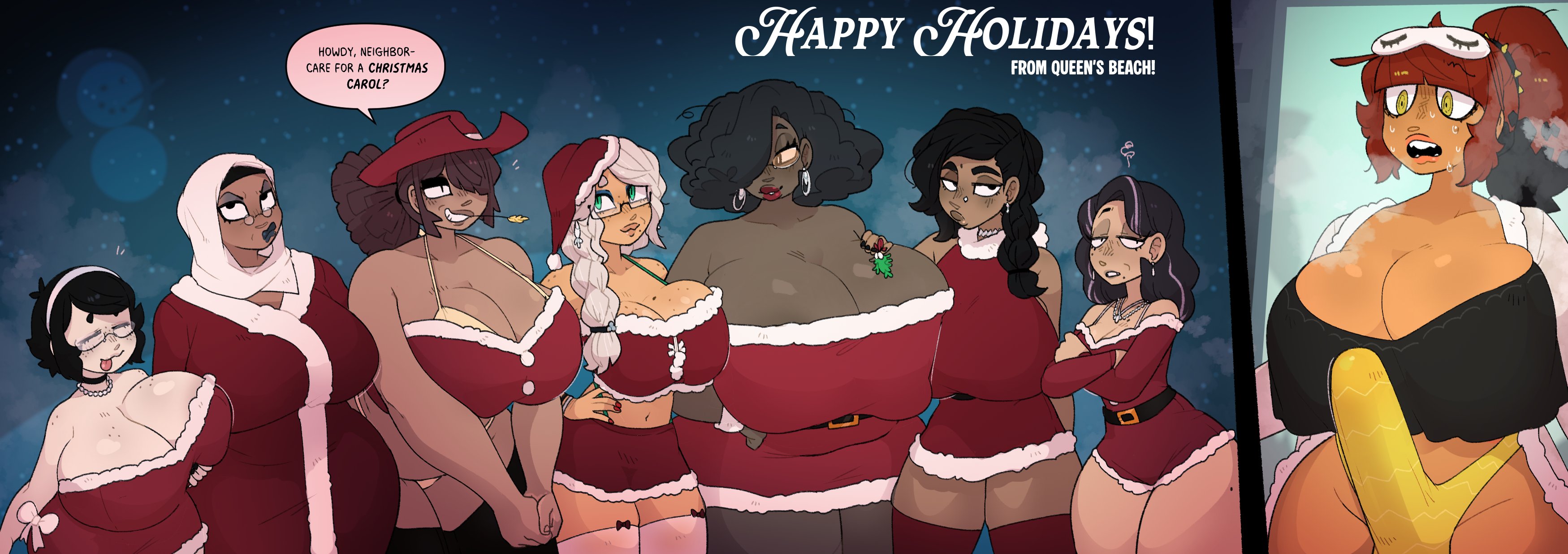 1futa, 2026, 2d (artwork), 7girls, arabian female, big penis, bikini, bonnie (gats), breasts, burka, christmas, christmas outfit, cleavage, cowboy hat, dahlia (gats), dark-skinned female, darlin (gats), dialogue, dialogue bubble, earrings, erection pushing underwear, esha (gats), freckles, freckles on breasts, freckles on face, freckles on shoulders, futanari, gats, glasses, hat, headwear, hot neighbour, huge breasts, indian female, light-skinned female, long hair, mature female, milf, mistletoe, necklace, nose piercing, original, original characters, penis outline, pepper (gats), pizza thot, queen's beach, ruth-bellflower, santa hat, short hair, snowing, straw in mouth, sweat, sweating, swimsuit, text, thighs, tied hair, underwear, vivian (gats), yellow-eyed female, zehba (gats)