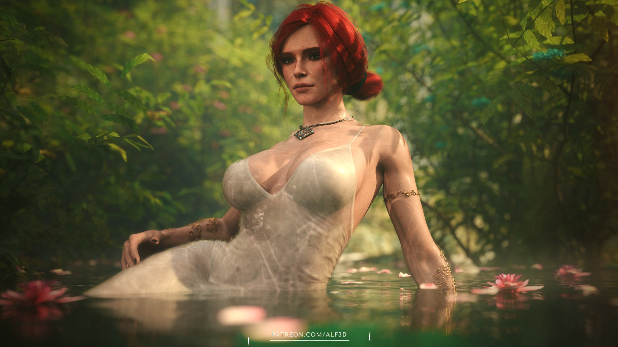 3d, alf3d, bath, big breasts, black nails, breasts, cd projekt red, dress, female, freckles, light skin, light-skinned female, looking at viewer, mascara, necklace, outdoors, red hair, solo, solo female, the witcher (series), the witcher 3: wild hunt, triss merigold, wet clothes