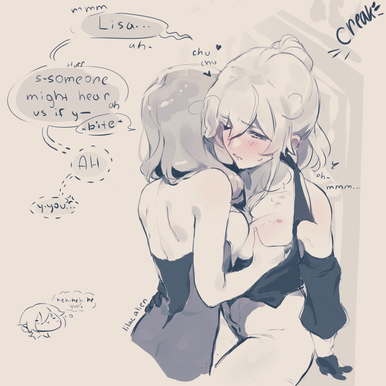 2girls, back view, biting, english text, female, female only, female/female, genshin impact, hand under clothes, jean gunnhildr, lilac alien, lisa (genshin impact), no color, sketch, yuri