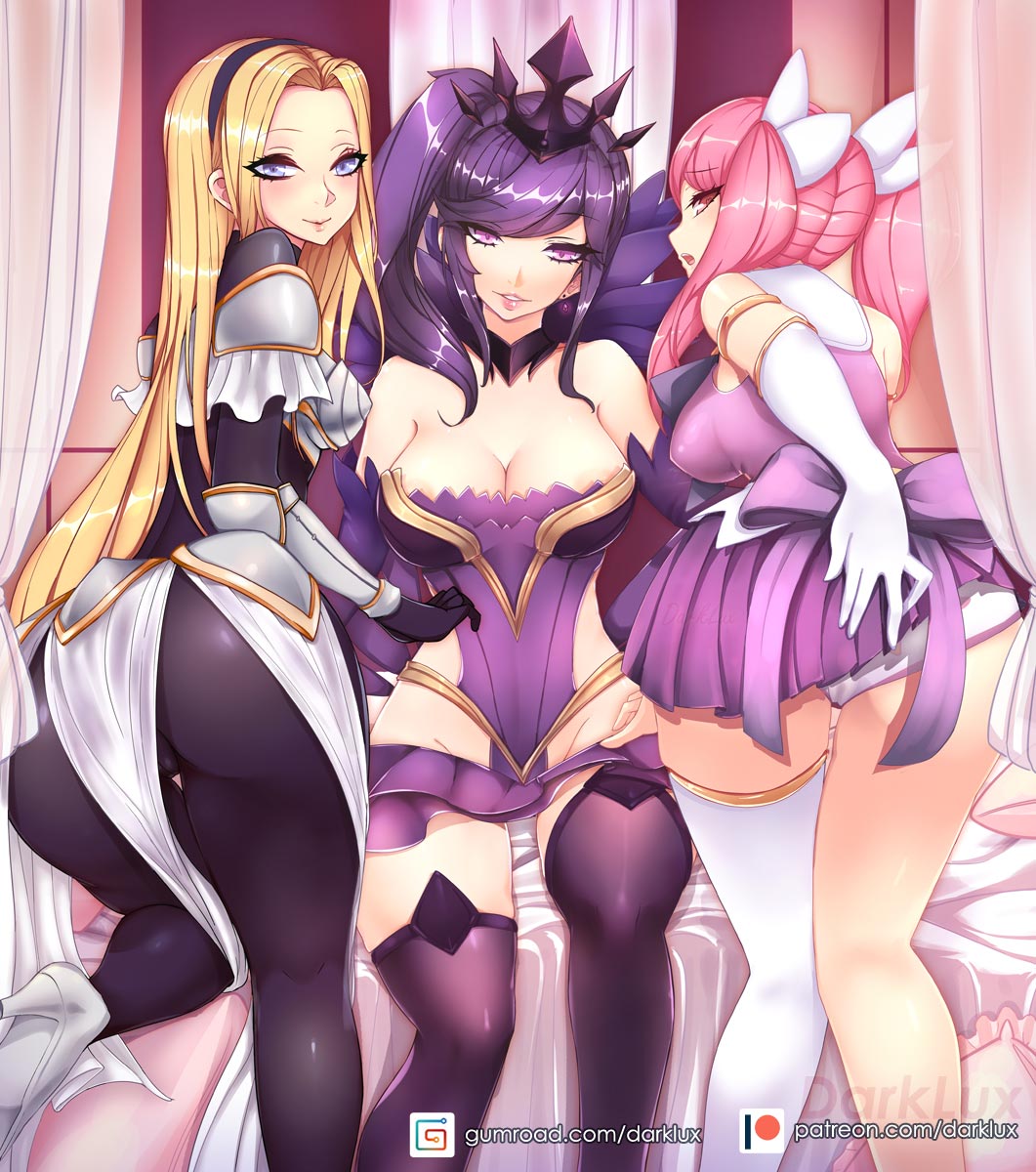 3girls blonde_hair blue_eyes boots breasts clothing dark_elementalist_lux darklux elementalist_lux female hairband heart-shaped_pupils large_breasts league_of_legends leg_lift long_hair looking_at_viewer luxanna_crownguard one_thighhigh open_mouth panties pink_eyes pink_hair presenting_hindquarters purple_eyes purple_hair short_hair skirt skirt_lift spread_legs star_guardian_lux star_guardian_series thick_thighs thighhighs twintails white_gloves