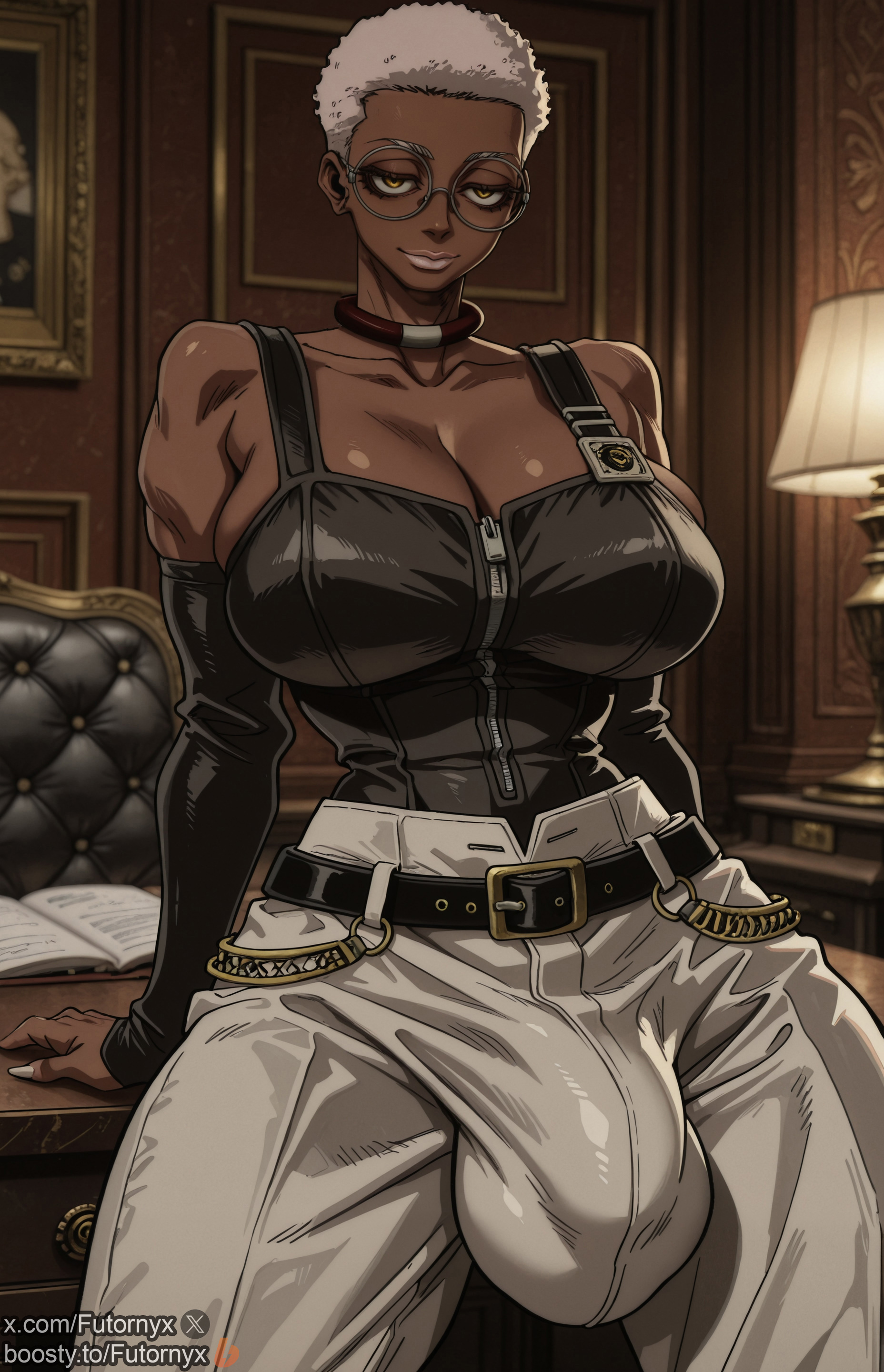 1futa, ai generated, boosty, boosty username, bulge, dark skin, dickgirl, futanari, futornyx, gachiakuta, glasses, huge breasts, intersex, large breasts, semiu grier, solo, testicles, thick thighs, twitter username, white hair, wide hips