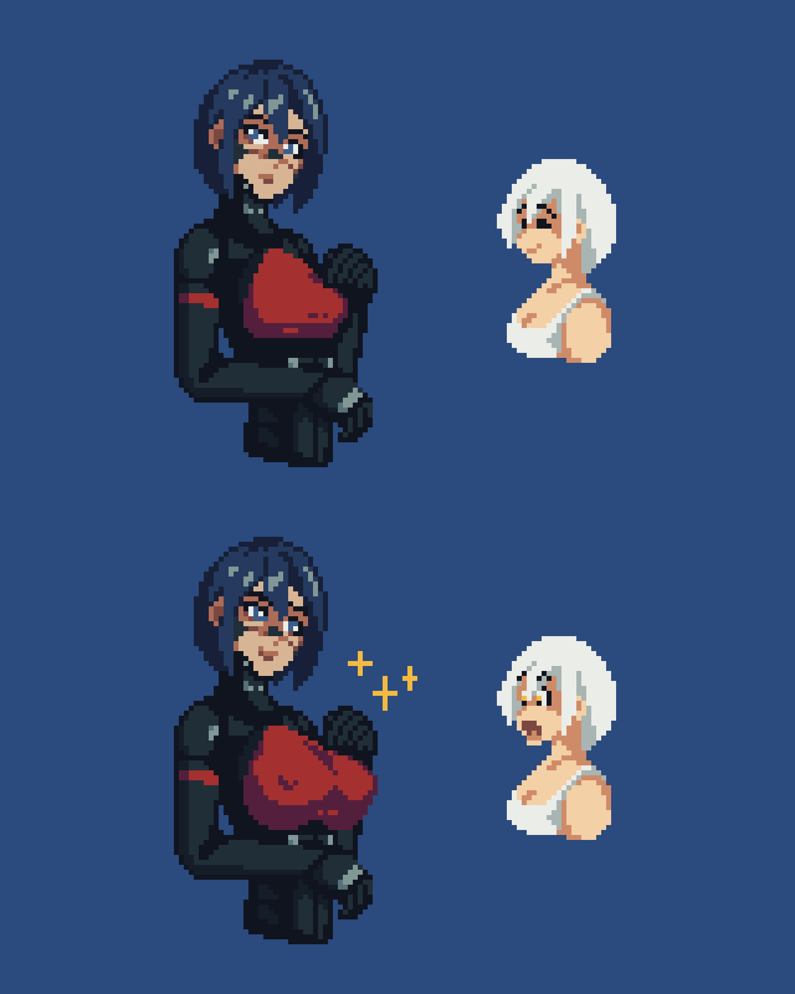 2girls, ariane yeong, big breasts, breast awe, breasts, elster (signalis), erect nipples under clothes, neuron activation (meme), pixel art, rom34t, signalis, yuri