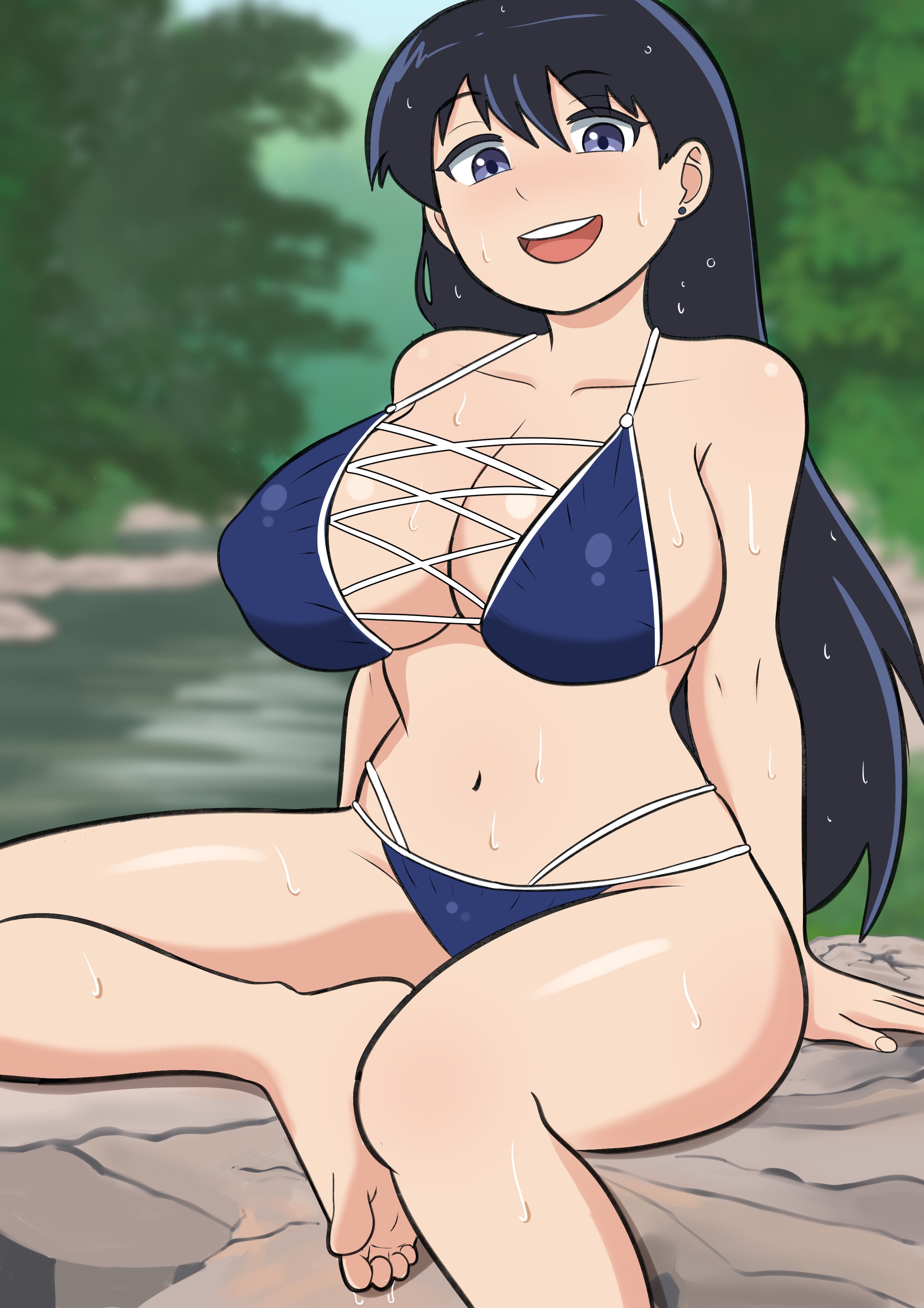 1girl, 1girls, arato nagi, arm support, arms at sides, blush, breasts, feet, female, huge breasts, nipple bulge, open mouth, river, ruri no houseki, sitting on rock, smile, soles, solo, taterdouce, thick thighs, thighs, toes, upper teeth, upper teeth only, wet, wet skin, wide hips