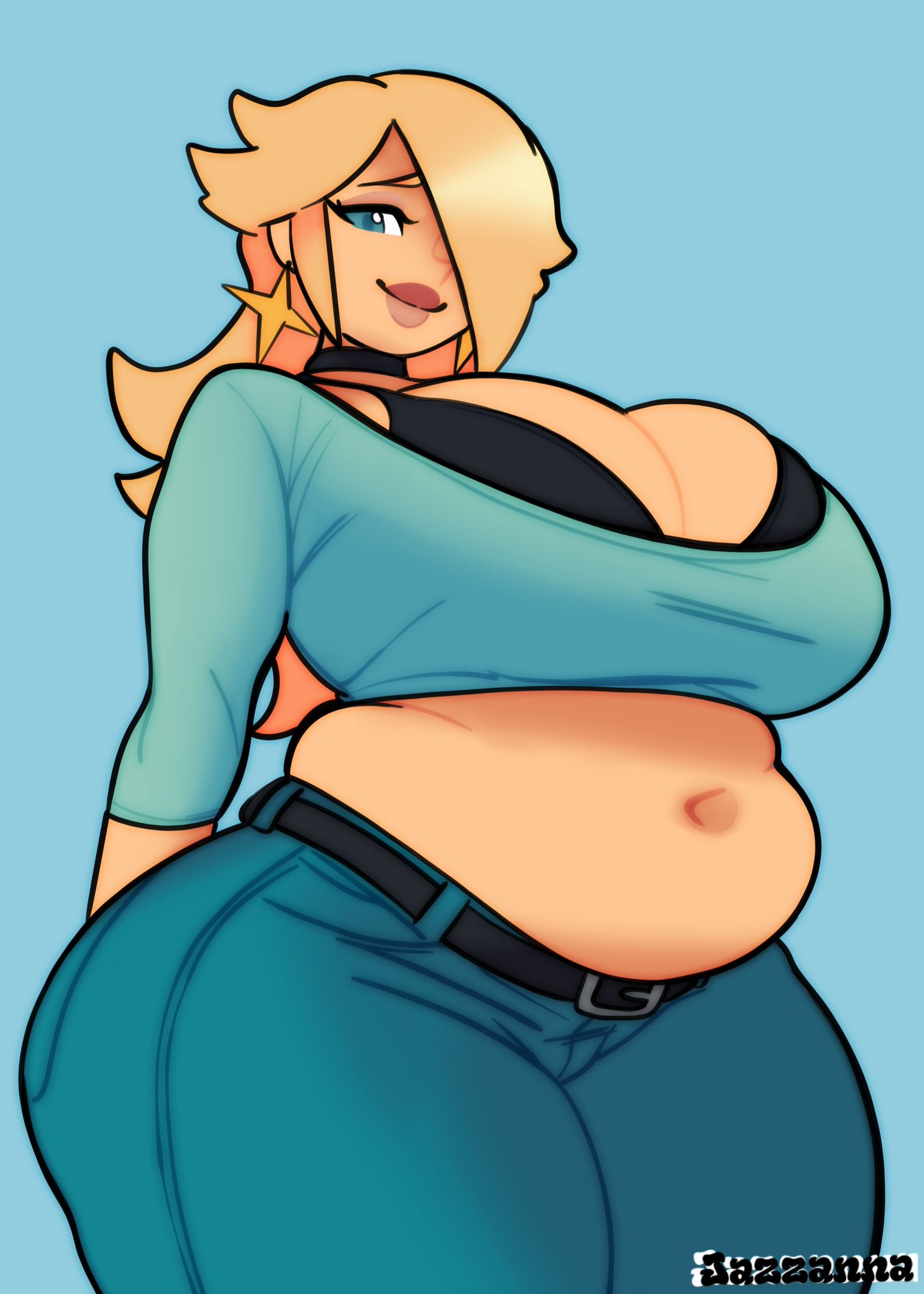 ass, belly, belly button, big ass, big breasts, bra, breasts, breasts bigger than head, chubby, chubby female, fat, fat ass, hair over one eye, jasmine29161093, jazzanna, looking at viewer, mario (series), nintendo, princess rosalina, super mario galaxy, tagme