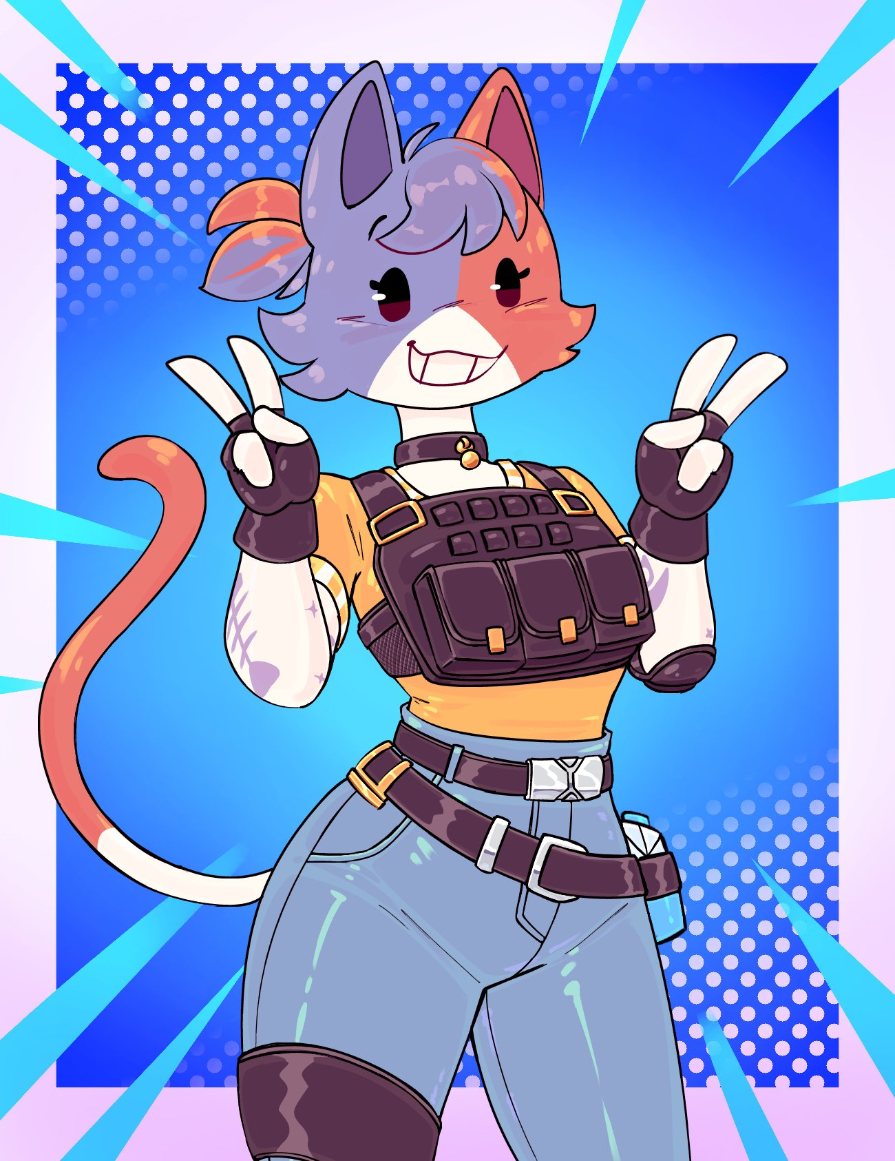 1girls, 2d, 87 g0d, alternate version available, anthro, calico cat, cat ears, cat humanoid, cat tail, cate meowdy (fortnite), clothed, double v, epic games, felid, feline, female, female only, fingerless gloves, fortnite, fortnite: battle royale, fur, furry, furry female, furry only, heart symbol, jeans, looking at viewer, smile, smiling, smiling at viewer, solo, solo female, standing, tail, v sign