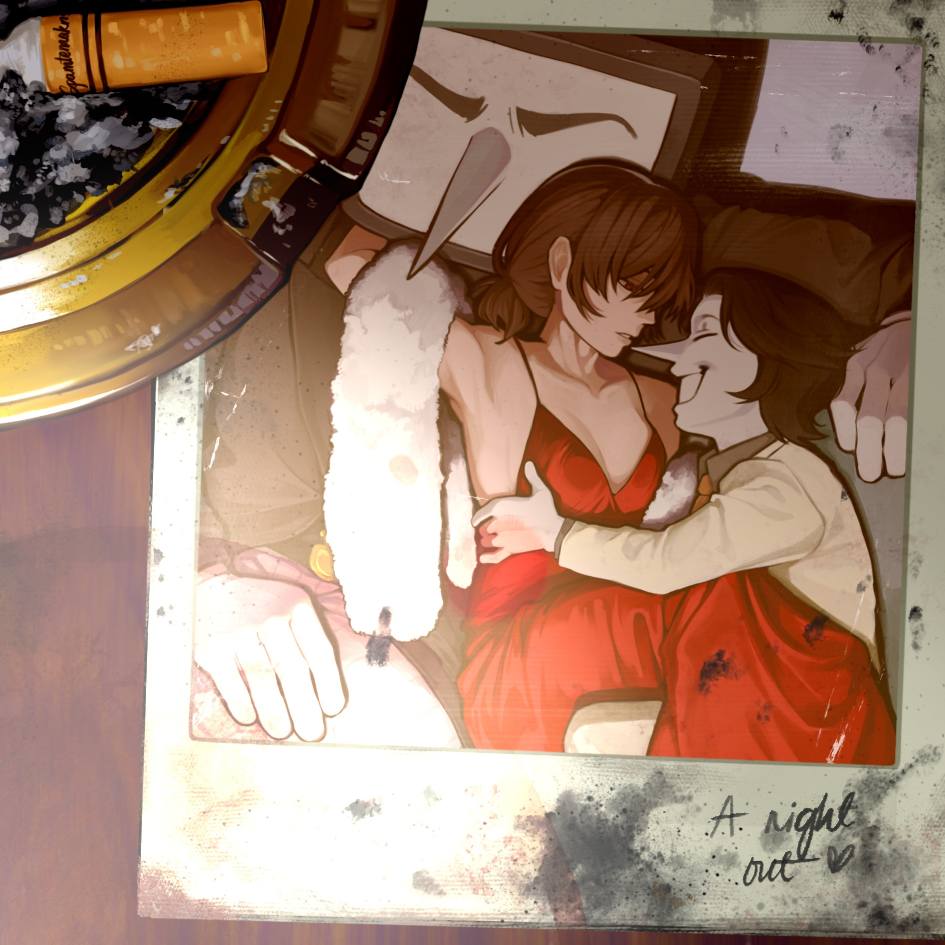 2boys, au, cigarette, commission, date, defernull, deltarune, dress, kris (deltarune), minominoks, nightclub, phone, photo (object), spamton g spamton, suggestive, suit, tenna (deltarune), trio, underfell, undertale au