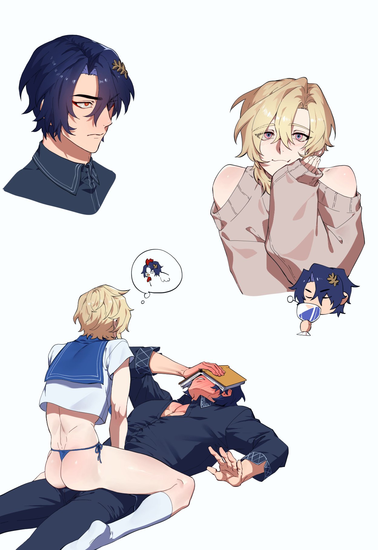 2boys, aventurine (honkai: star rail), blonde-haired male, blushing male, bubble ass, bubble butt, dr. ratio (honkai: star rail), gaeha is , gay, honkai: star rail, male, male only, male thong, male/male, sitting on crotch, sitting on lap, size difference, thong, twink, yaoi