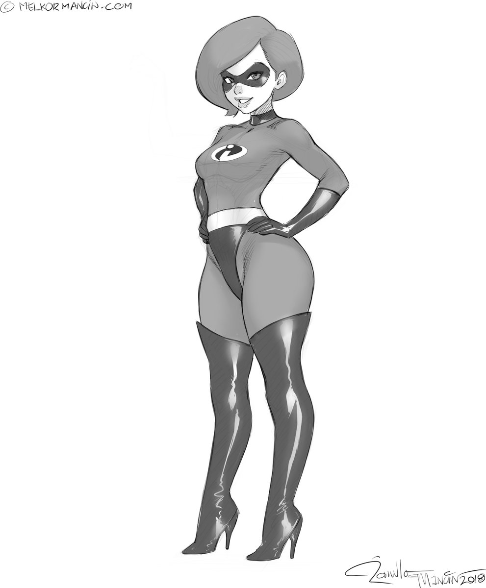 1girls, 2018, 2d, 2d (artwork), armwear, artist name, black boots, bodysuit, boots, breasts, clothed, clothed female, clothing, costume, curvy, disney, elastigirl, eyewear, female, female only, footwear, fully clothed, gloves, handwear, helen parr, high heel boots, high heels, legwear, looking at viewer, mask, melkor mancin, milf, monochrome, pixar, plump, sfw, short hair, simple background, smile, smiling at viewer, smooth skin, solo, solo female, the incredibles, thick, thick thighs, thigh boots, thighhighs, white background, wide hips