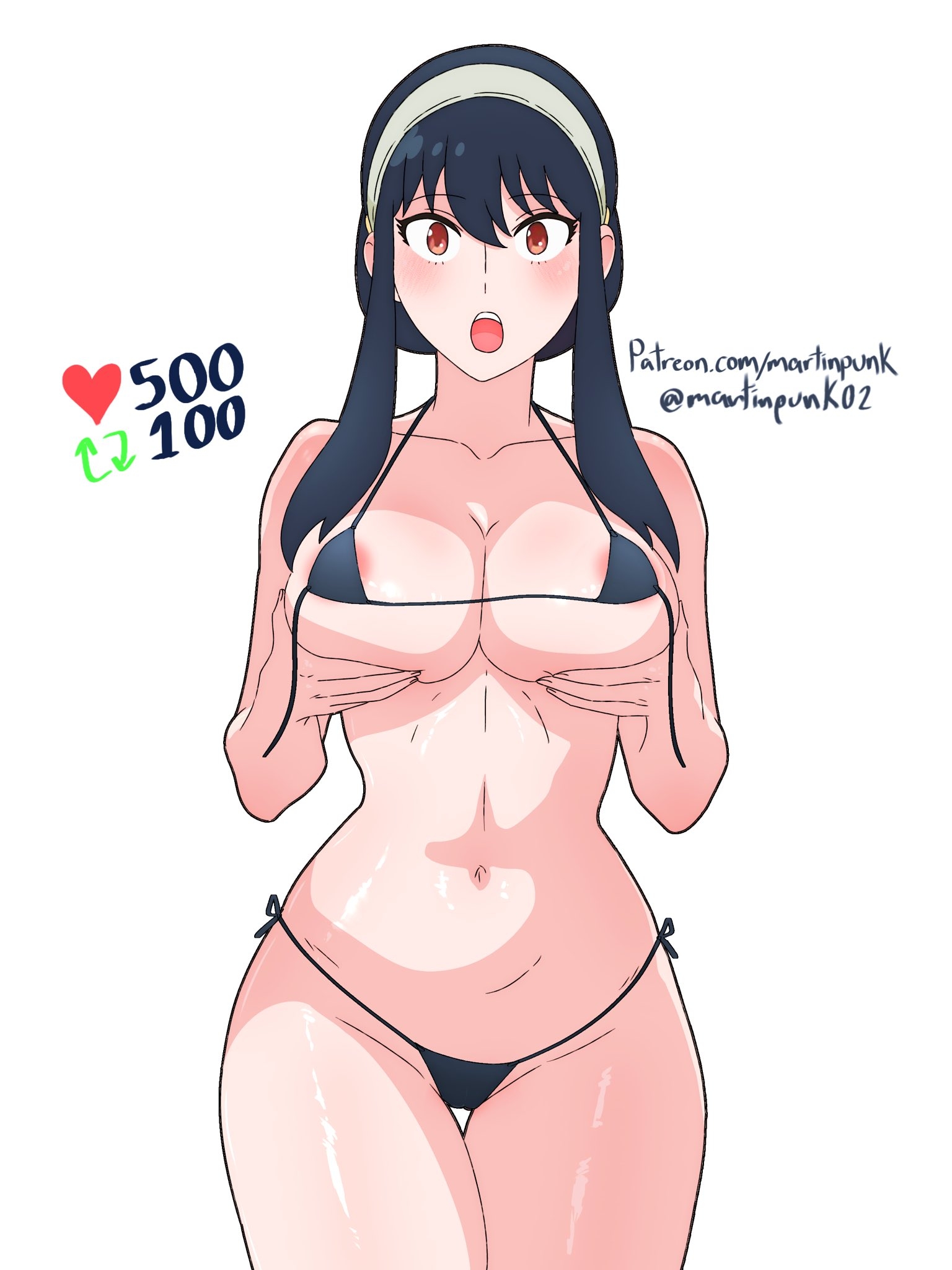 :o, 1girls, 2d, 2d (artwork), 2d artwork, adoptive mother, adult female, almost naked, almost nude, anime milf, areola slip, areolae, areolae slip, bare arms, bare belly, bare chest, bare hands, bare hips, bare legs, bare midriff, bare navel, bare shoulders, bare skin, bare thighs, belly, belly button, bewitching thighs, big breasts, bikini, bikini bottom, bikini only, bikini top, black bikini, black bikini bottom, black bikini top, black hair, black micro bikini, black string bikini, black swimsuit, black swimwear, black-haired female, breast press, breast squeeze, breasts, breasts press, breasts pressed together, busty, busty female, busty girl, busty milf, child bearing hips, cleavage, collarbone, curvaceous, curvaceous body, curvaceous female, curvaceous figure, curvaceous hips, curvy, curvy body, curvy female, curvy figure, curvy hips, curvy milf, digital, digital art, digital drawing, digital drawing (artwork), digital media, digital media (artwork), earrings, elbows, exposed arms, exposed belly, exposed chest, exposed hips, exposed legs, exposed midriff, exposed navel, exposed shoulders, exposed skin, exposed thighs, eyebrows visible through hair, female, female focus, female only, fertile hips, fingernails, fingers, groin, hairband, halterneck, high resolution, highres, hot milf, hourglass figure, huge boobs, huge breasts, inguinal crease, inguinal ligament, large boobs, large breasts, lean figure, linea alba, long hair, looking at viewer, martinpunk, micro bikini, midriff, milf, mostly nude, mother, naked, naked female, naked woman, narrow waist, navel, nearly nude, nude, nude female, nudity, open mouth, parted lips, plump breasts, posing, posing for the viewer, posing naked, posing nude, practically nude, presenting boobs, presenting breasts, presenting tits, pressing breasts, pressing breasts together, pushing breasts together, pushing breasts up, red eyes, red-eyed female, shoulders, side-tie bikini, sidelocks, simple background, slender body, slender waist, slim waist, solo, spy x family, squeezing breast, squeezing breasts, squeezing breasts together, squeezing own breasts, standing, stomach, string bikini, swimsuit, swimwear, thick thighs, thigh gap, thighs, thong bikini, tongue, upper body, upper teeth, white background, white hairband, wide hips, yor briar, yor forger, young looking female, young milf, young woman and milf