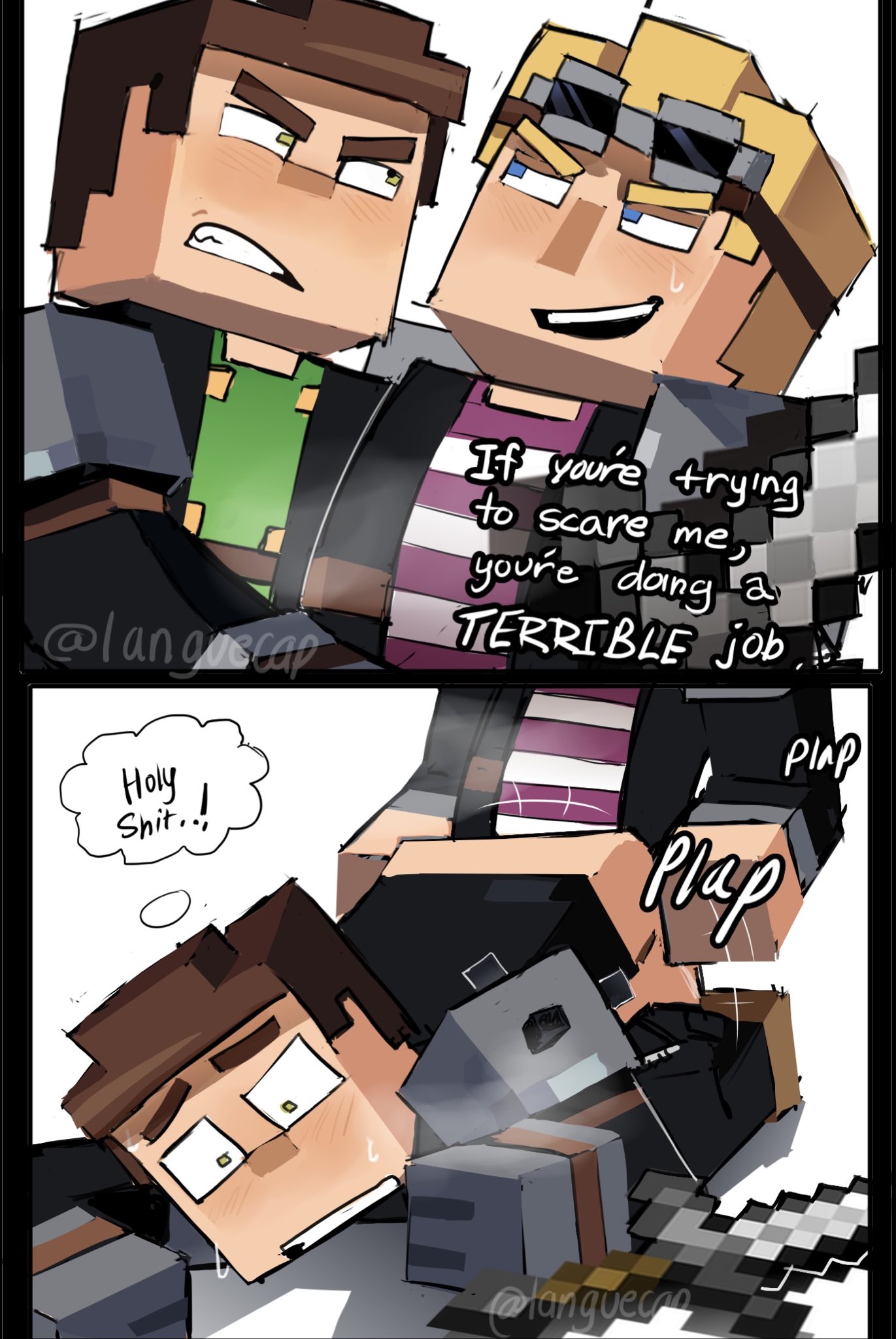 2male, aiden (mcsm), bent over, blonde hair, blush, brown hair, flirting, gay, intimidation, lukas (mcsm), male, minecraft: story mode, sabobonds, sword