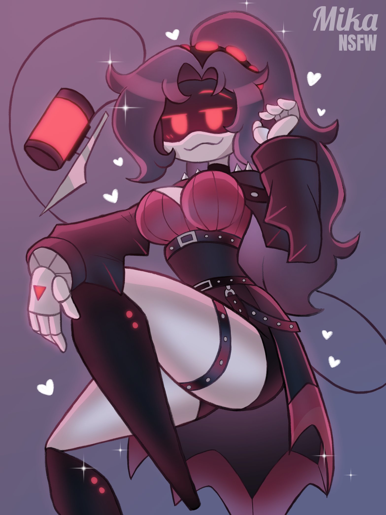 1girls, artist name, artist signature, belt, belts, breasts, clothing, disassembly drone, female only, glitch productions, heart, leg focus, leg up, long hair, mikansfw, murder drones, oc, original character, ponytail, red eyes, robot, robot girl, robot humanoid, solo, solo female, sparkles, thighs