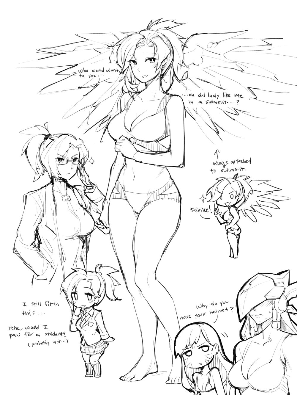 3girls arms bangs bare_arms bare_legs bare_midriff bare_shoulders barefoot bikini black_and_white blizzard_entertainment breasts chibi cleavage comic cute d.va dialogue feet female female_only gebyy-terar glasses helmet legs line_art looking_at_viewer mercy midriff monochrome navel nervous overwatch pharah ponytail rough_sketch school_uniform science scientist short_hair sketch sweat swimsuit text thighs wings