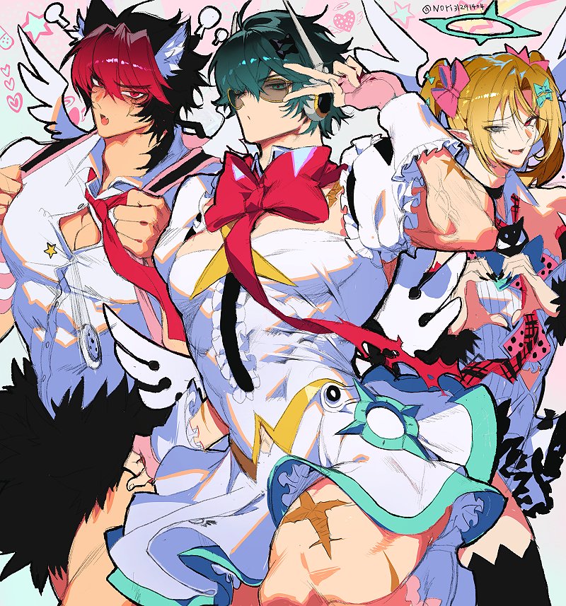 3boys, ambush (trap), big breasts, black hair, cosplay, femboy, femboy dilf, green hair, huge thighs, hugo vlad, komano manato, lighter (zenless zone zero), lined up, male only, muscles, pink ribbon, red eyes, red hair, red ribbon, red tie, thighs, yellow hair, zenless zone zero