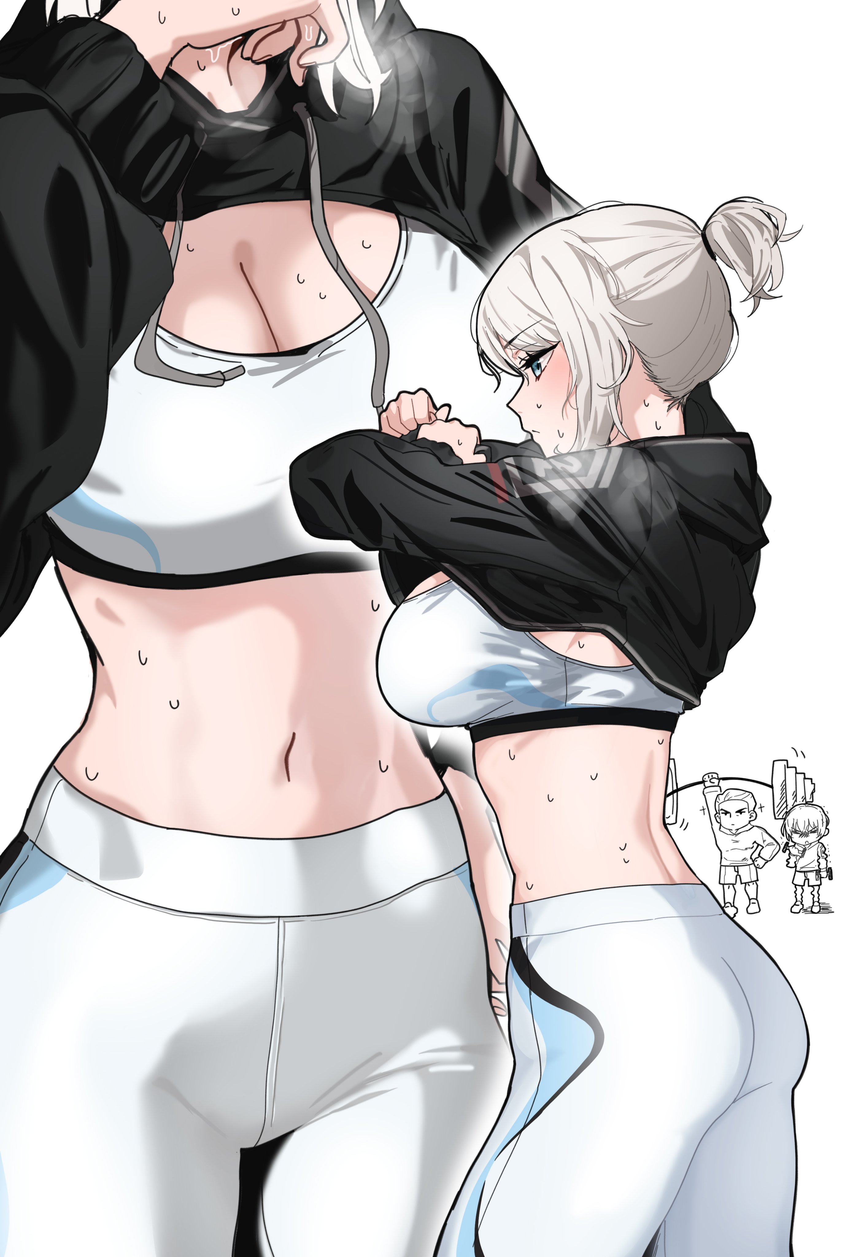 1girls, 2boys, alternate hairstyle, ass, big breasts, blue eyes, blush, bra, breasts, cleavage, faust (limbus company), fully clothed, hair bun, limbus company, medium hair, meursault (limbus company), midriff, project moon, roan  green, seoseoyang, simple background, sports bra, sweat, sweatdrop, sweating, underwear, white background, white hair, yi sang (limbus company)