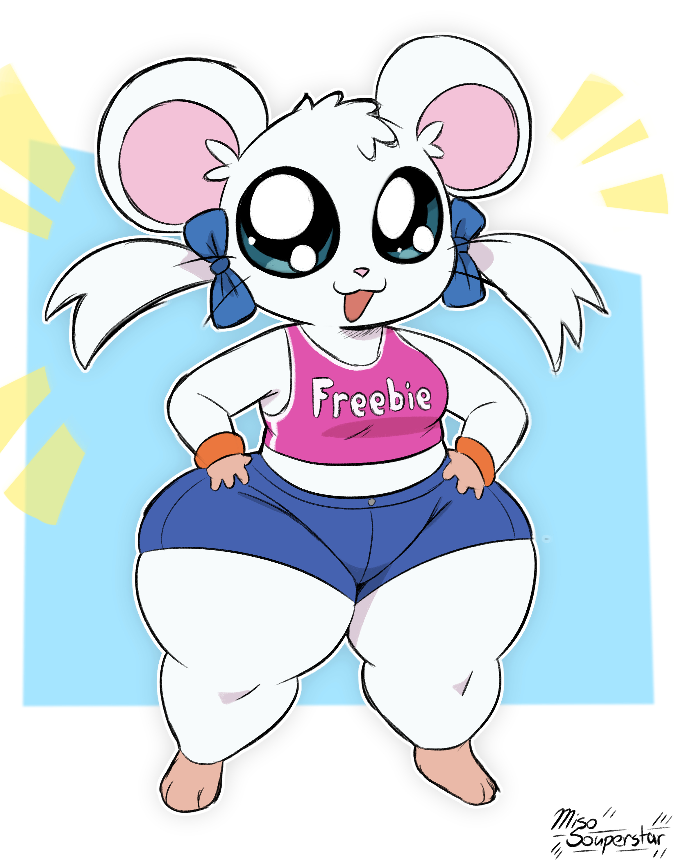 1girl, absurd res, anthro, anthrofied, artist name, artist signature, big breasts, big ears, big eyes, big thighs, bijou (hamtaro), booty shorts, bottom heavy, bows, hamster, hamster girl, hamtaro (series), hands on hips, hi res, hips wider than shoulders, huge hips, huge thighs, hyper hips, miso souperstar, non-euclidean border, shortstack, tanktop, white fur, wide hips, wide thighs, wristbands