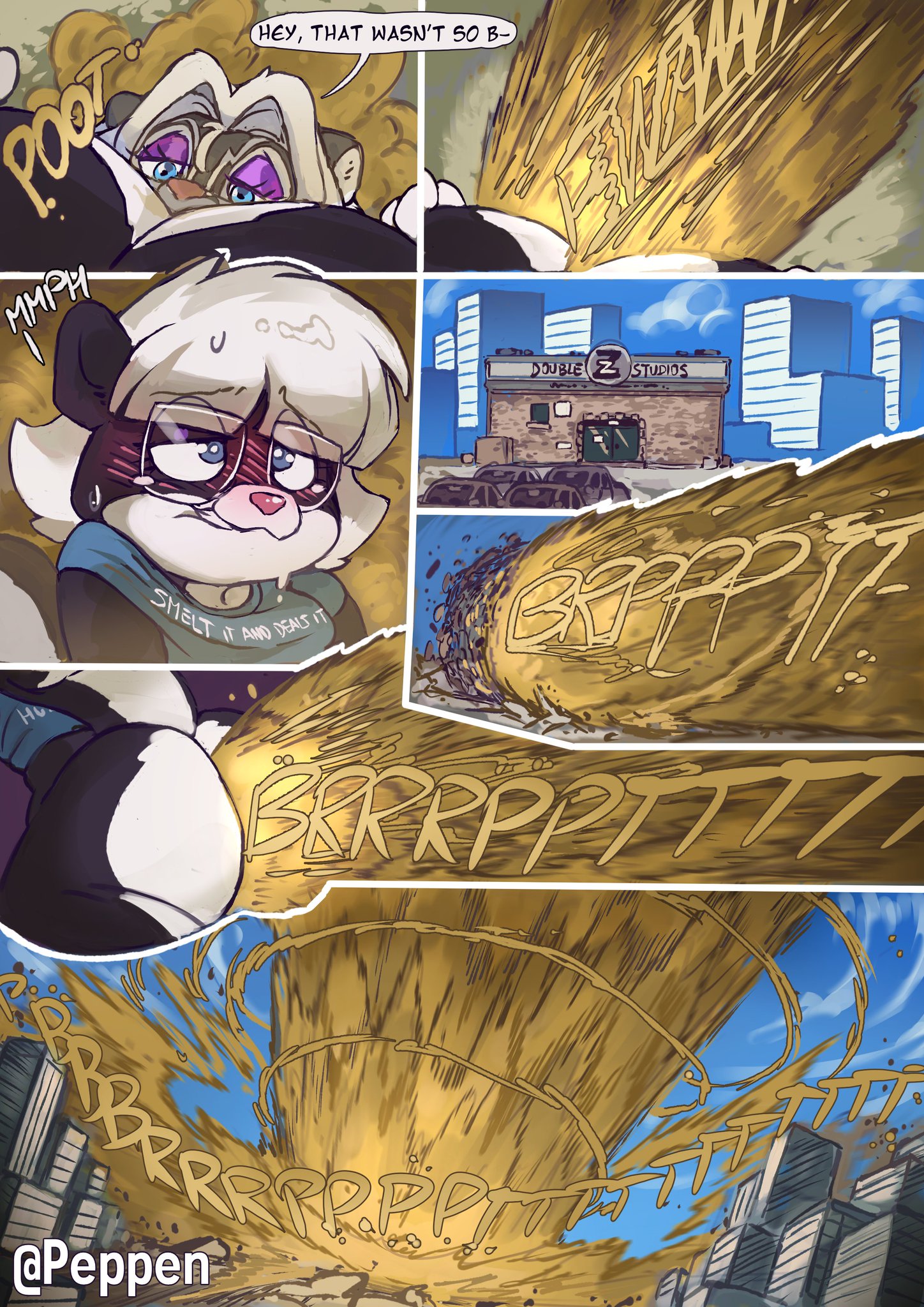2026, 2girls, anthro, anthro on anthro, ass, bare ass, biting lip, black and white fur, blush, bottomless, breasts, building, building destruction, buildings, city, city destruction, comic, destruction, dialogue, digital drawing (artwork), digital media (artwork), english text, enjoying farting, enjoying farts, facefart, facesitting, fart, fart cloud, fart fetish, fart nuke, farting, farting in face, female, female only, female/female, femdom, femsub, furry, glasses, hand on stomach, hyper fart, onomatopoeia, peppen (artist), pinned, sabrina (sabrina online), sabrina online, skunk, skunk ears, skunk girl, skunk tail, sweat, t-shirt, tears, white hair, zig zag