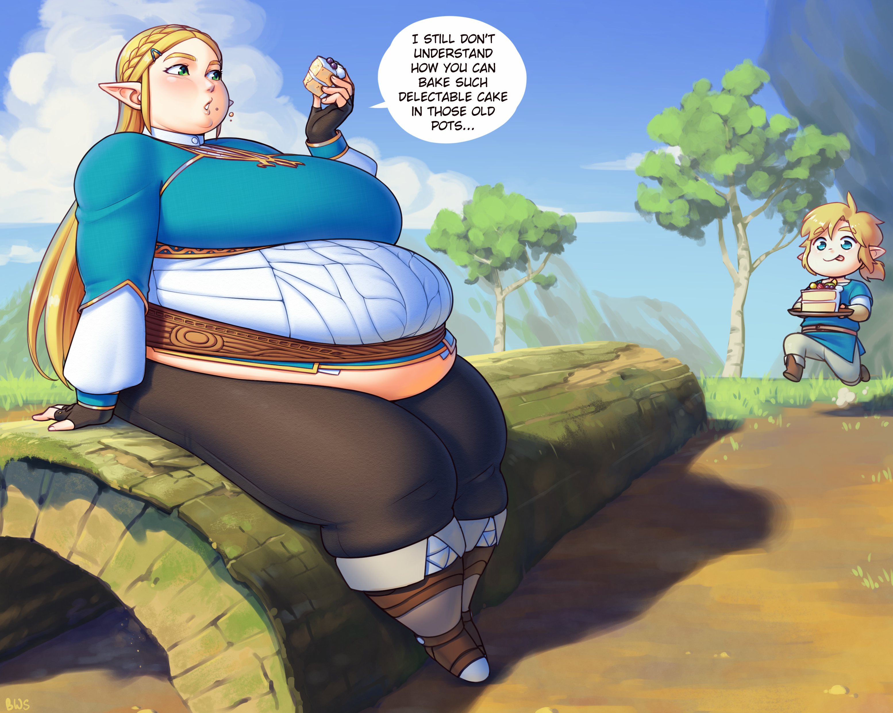 1boy, 1girls, belly, better with salt, big belly, blonde hair, breath of the wild, chubby, eating, fat, female, female focus, fully clothed, huge belly, link, link (breath of the wild), male, nintendo, obese, overweight, overweight female, princess zelda, the legend of zelda, thick thighs, weight gain, zelda (breath of the wild)
