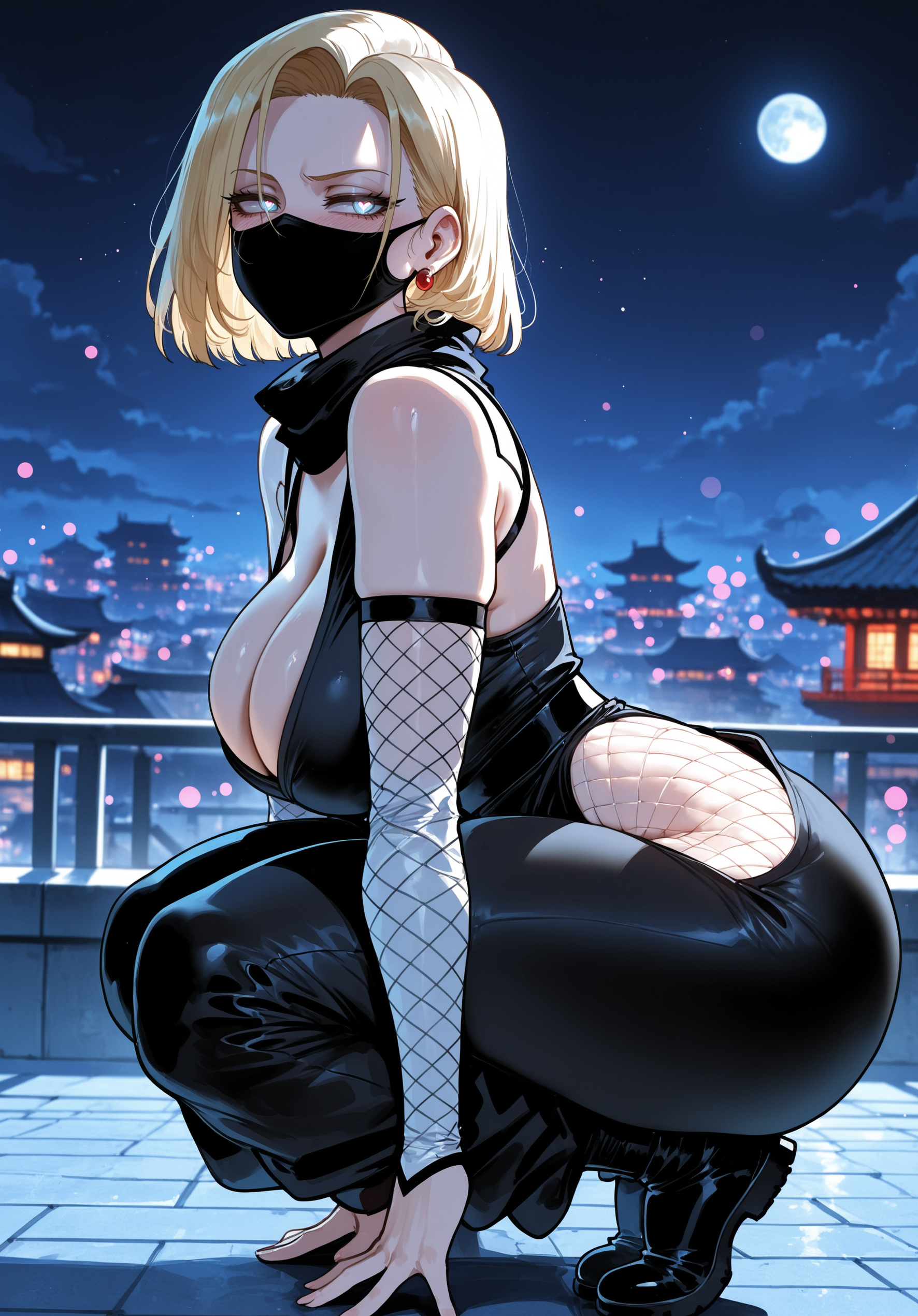 1girls, ai generated, android 18, architecture, ass, bangs, bare shoulders, black footwear, blonde hair, blue eyes, blush, bodysuit, boots, breasts, building, city, cleavage, clothing, curvaceous, curvaceous female, curvaceous figure, curvy, curvy figure, detached sleeves, dragon ball, dragon ball super, dragon ball z, dress, earrings, east asian architecture, female, female focus, female only, fishnets, footwear, forehead, from side, full body, full moon, grey eyes, high heels, hip vent, inviting, inviting to sex, jewelry, large breasts, looking at viewer, mask, mature female, milf, miyuai, moon, mouth mask, night, night sky, ninja, ninja mask, outdoors, presenting, presenting ass, presenting breasts, presenting hindquarters, presenting self, rooftop, seductive, seductive look, seductive smile, short hair, sky, solo, squatting, thick thighs, thighs, uncensored, voluptuous, voluptuous female