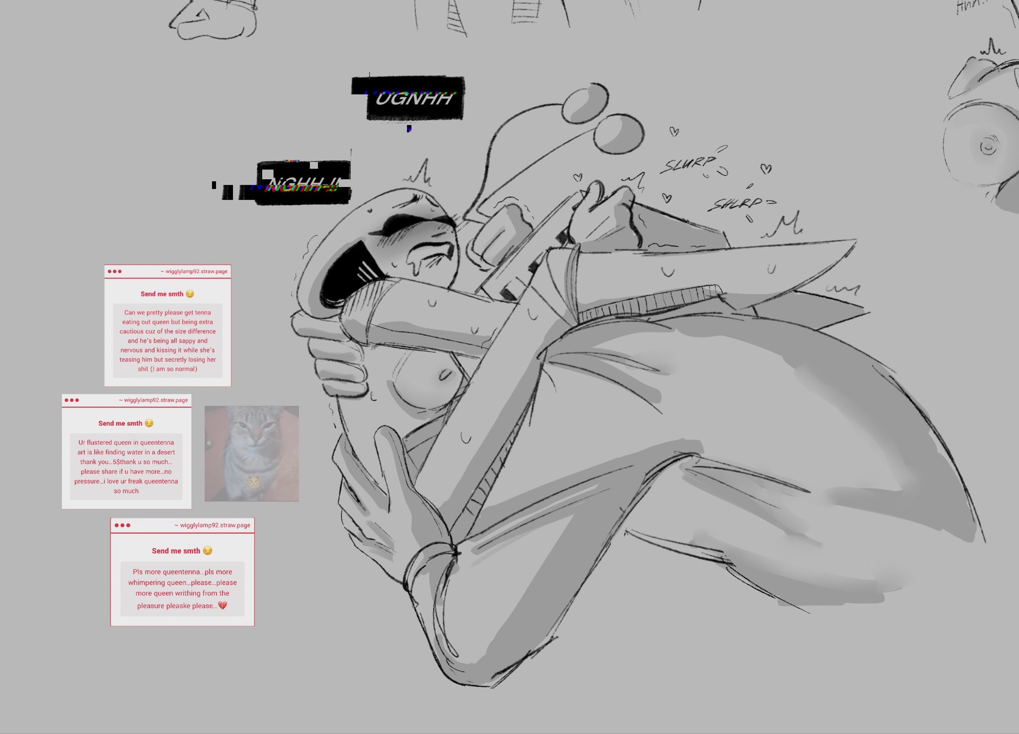2d (artwork), breasts, computer, deltarune, dialogue, eating out, eating pussy, female, male, moaning, naked, oral, queen (deltarune), sex, sketch, sketch page, strawpage request, tenna (deltarune), toby fox, tv, tv head, undertale (series), unknown artist, whimpering, wigglylamp92